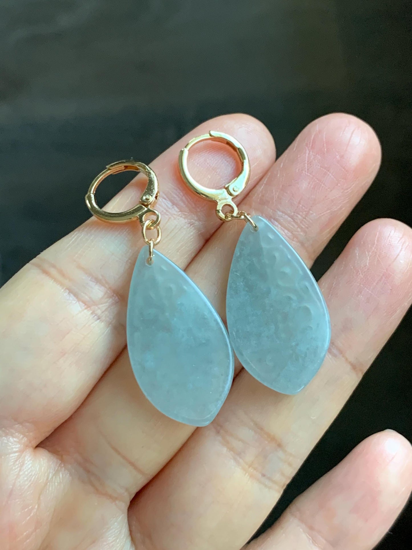 Natural Guatemalan Grade A Icy Translucent Pastel Teal Jade Jadeite Teardrop Dangle Earrings 14K Gold Plated 天然冰危浅蓝翡翠仿古雕水滴包金耳吊 FGD96B