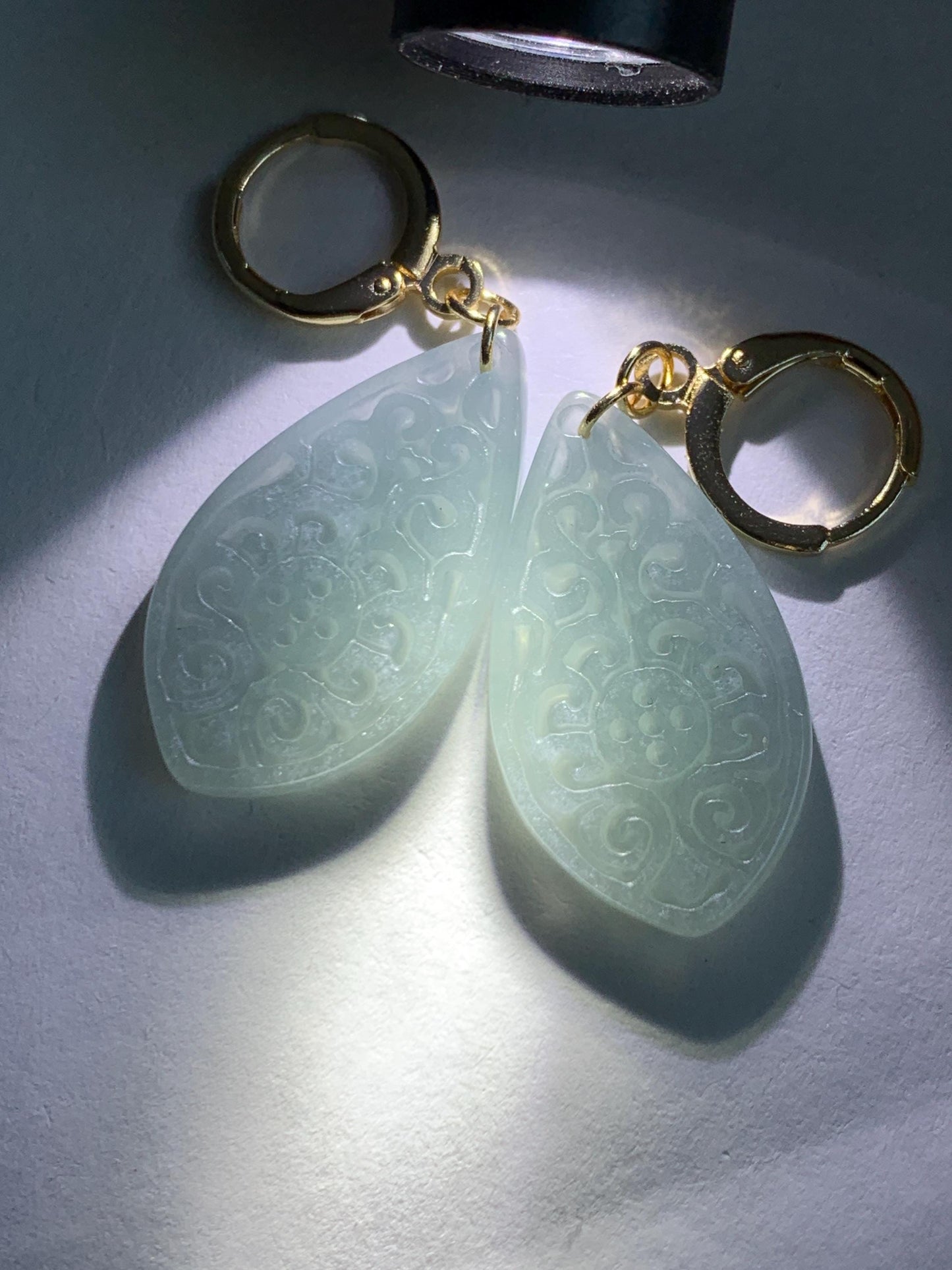Natural Guatemalan Grade A Icy Translucent Pastel Teal Jade Jadeite Teardrop Dangle Earrings 14K Gold Plated 天然冰危浅蓝翡翠仿古雕水滴包金耳吊 FGD96B