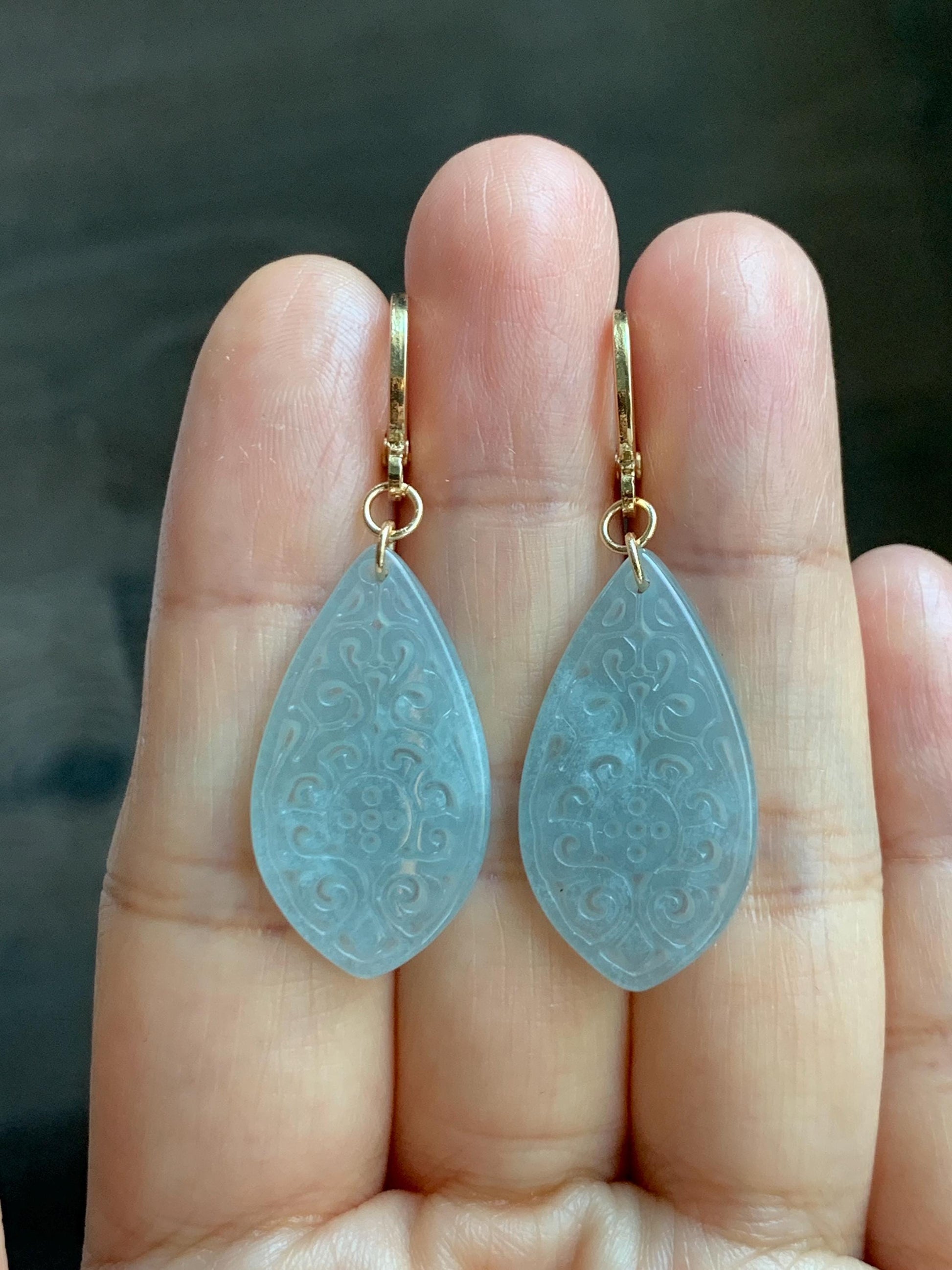Natural Guatemalan Grade A Icy Translucent Pastel Teal Jade Jadeite Teardrop Dangle Earrings 14K Gold Plated 天然冰危浅蓝翡翠仿古雕水滴包金耳吊 FGD96B
