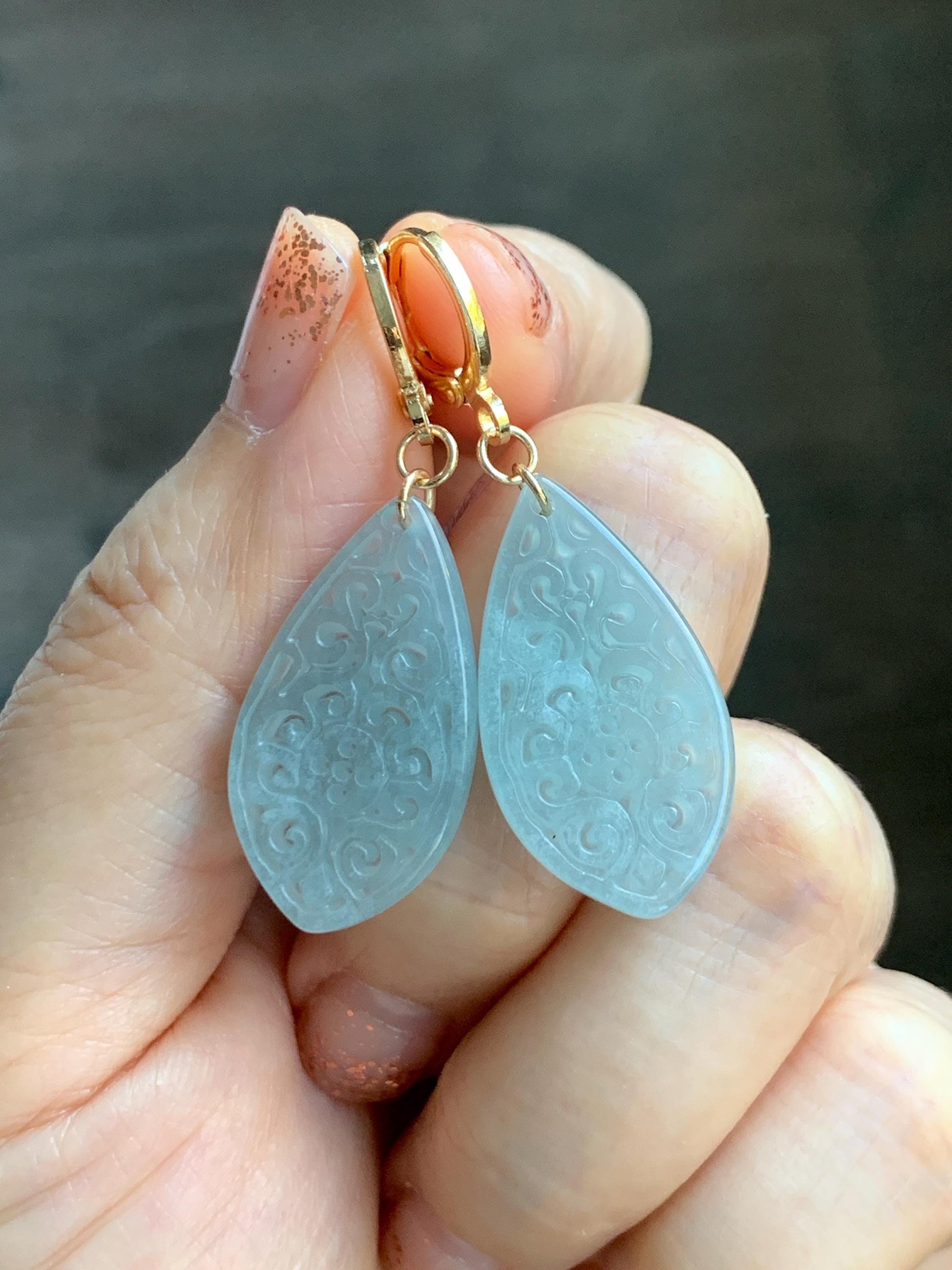Natural Guatemalan Grade A Icy Translucent Pastel Teal Jade Jadeite Teardrop Dangle Earrings 14K Gold Plated 天然冰危浅蓝翡翠仿古雕水滴包金耳吊 FGD96B