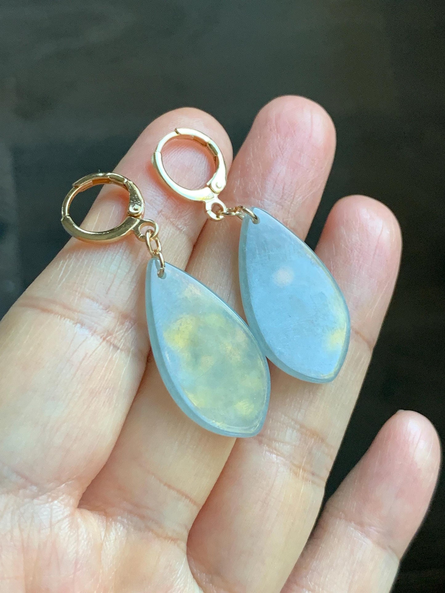 Natural Guatemalan Grade A Icy Translucent Pastel Teal Jade Jadeite Teardrop Dangle Earrings 14K Gold Plated 天然冰危浅蓝翡翠仿古雕水滴包金耳吊 FGD96B