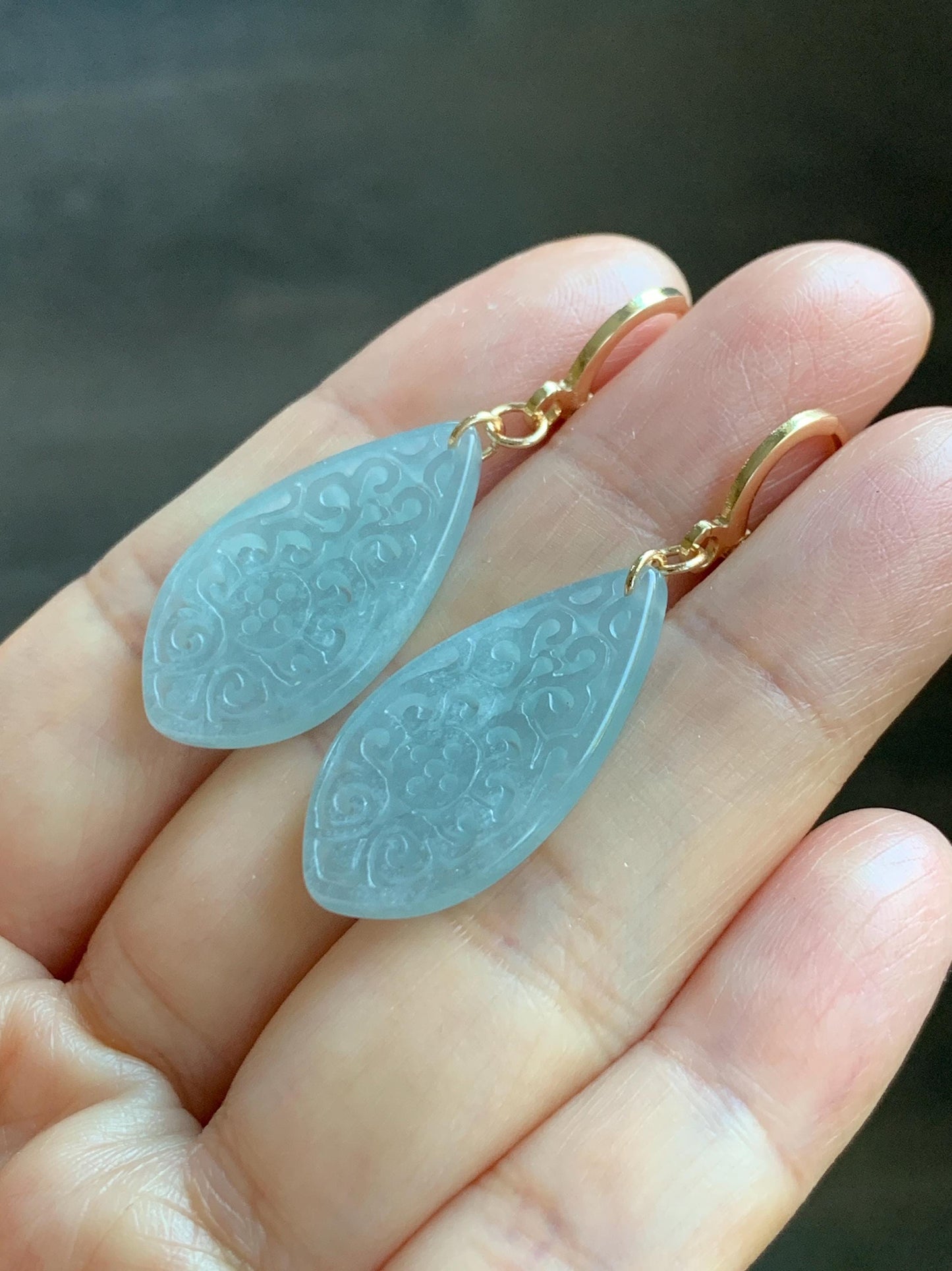 Natural Guatemalan Grade A Icy Translucent Pastel Teal Jade Jadeite Teardrop Dangle Earrings 14K Gold Plated 天然冰危浅蓝翡翠仿古雕水滴包金耳吊 FGD96B