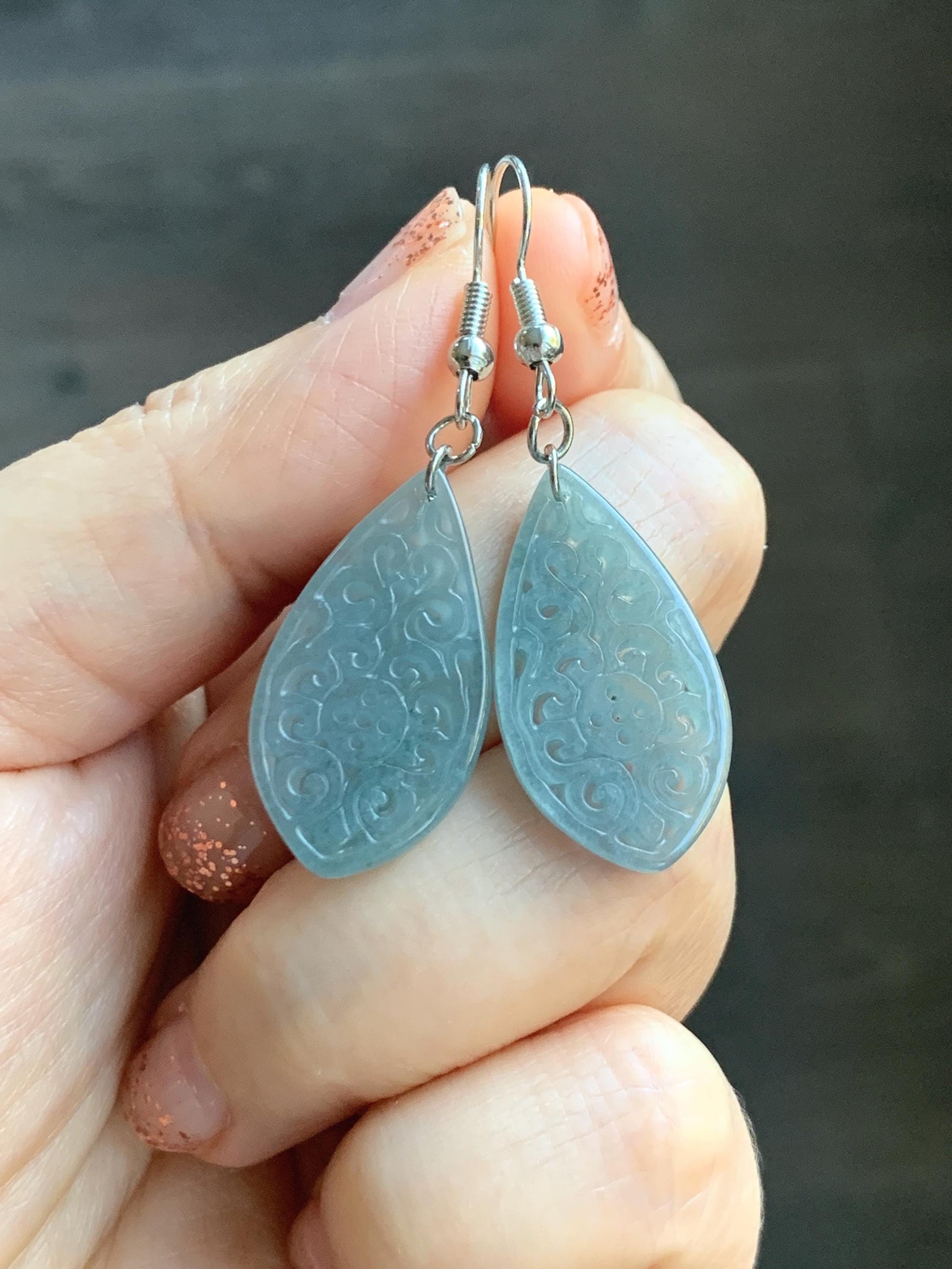 Natural Guatemalan Grade A Icy Translucent Dusty Teal Blue Jadeite Teardrop Dangle Earrings White Gold Plated 天然冰危浅蓝翡翠仿古雕水滴包金耳吊 FGD96C