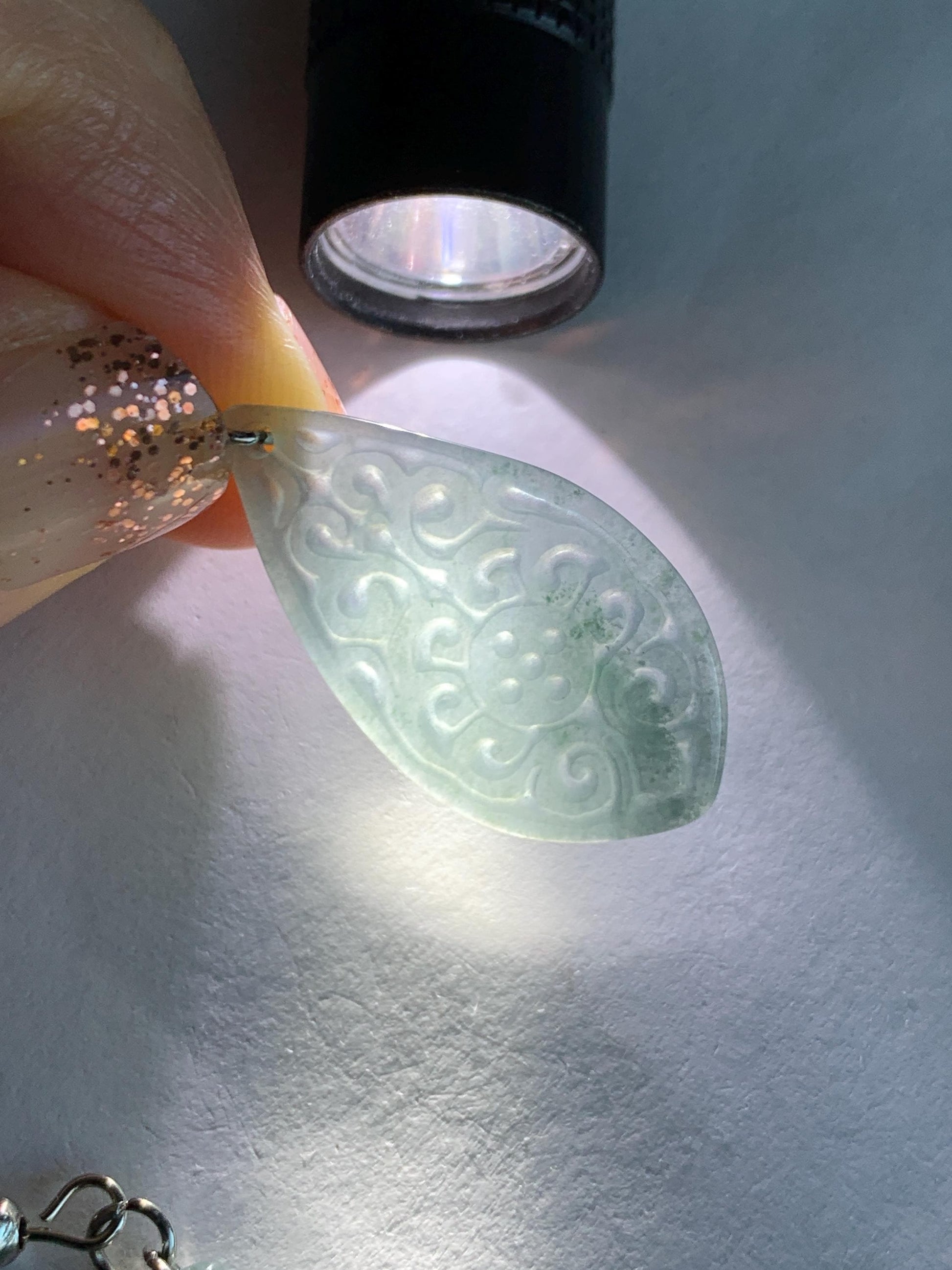 Natural Guatemalan Grade A Icy Translucent Dusty Teal Blue Jadeite Teardrop Dangle Earrings White Gold Plated 天然冰危浅蓝翡翠仿古雕水滴包金耳吊 FGD96C