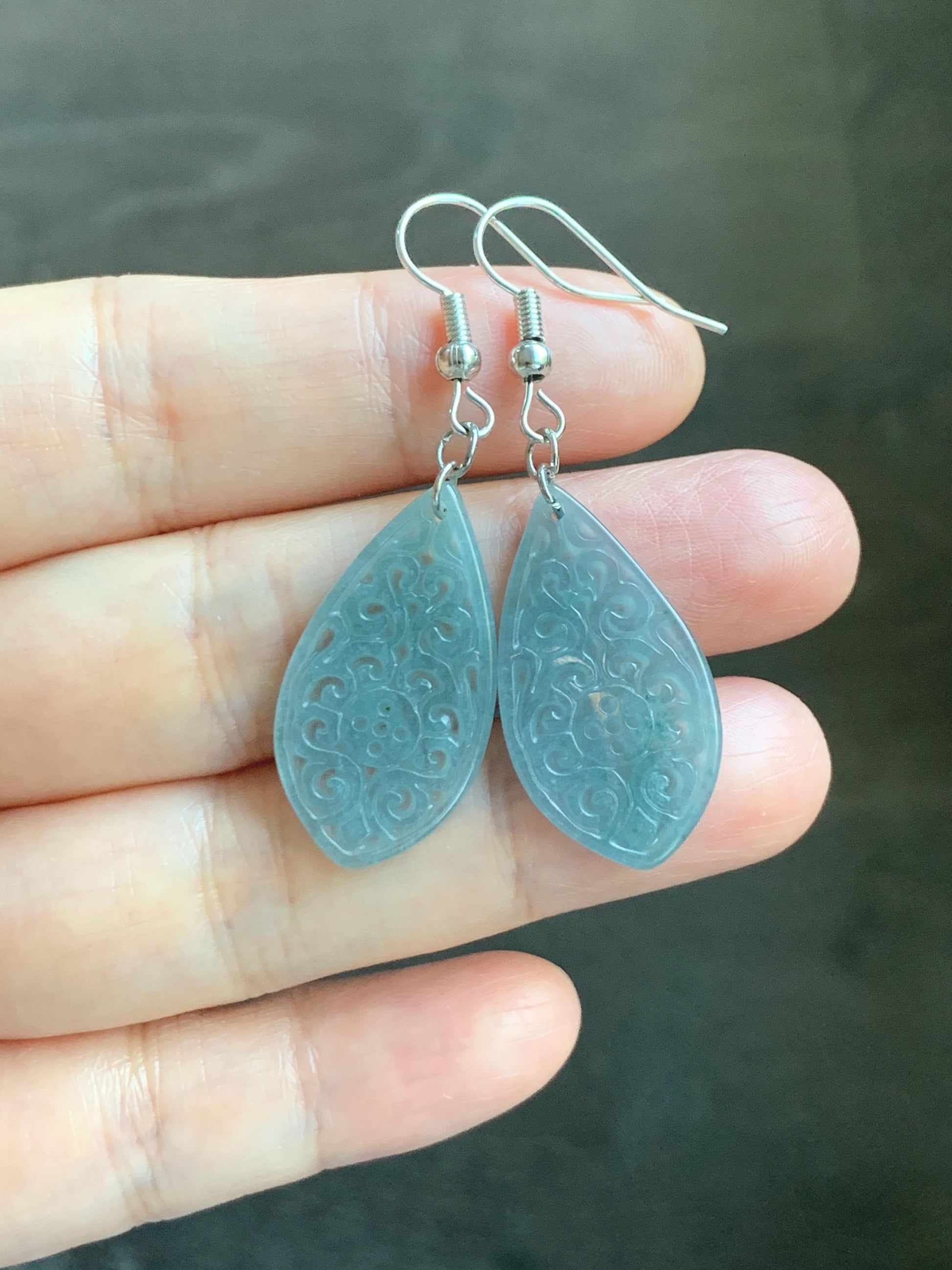 Natural Guatemalan Grade A Icy Translucent Dusty Teal Blue Jadeite Teardrop Dangle Earrings White Gold Plated 天然冰危浅蓝翡翠仿古雕水滴包金耳吊 FGD96C