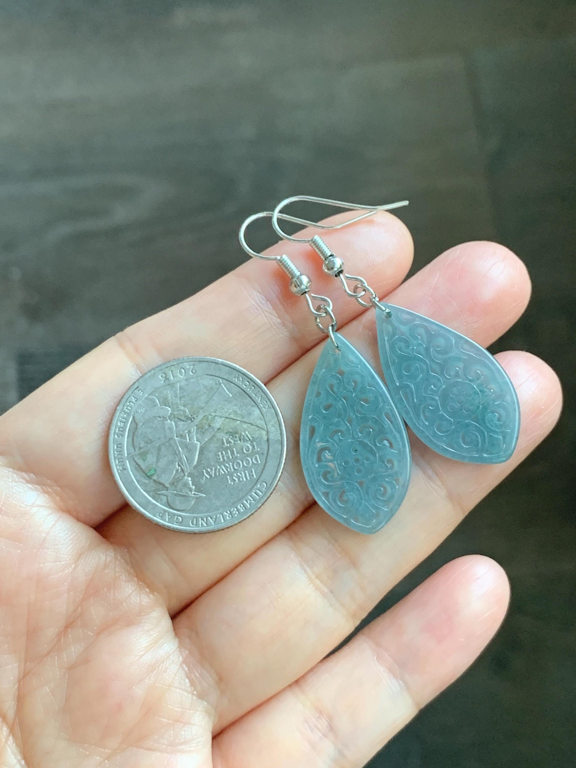 Natural Guatemalan Grade A Icy Translucent Dusty Teal Blue Jadeite Teardrop Dangle Earrings White Gold Plated 天然冰危浅蓝翡翠仿古雕水滴包金耳吊 FGD96C