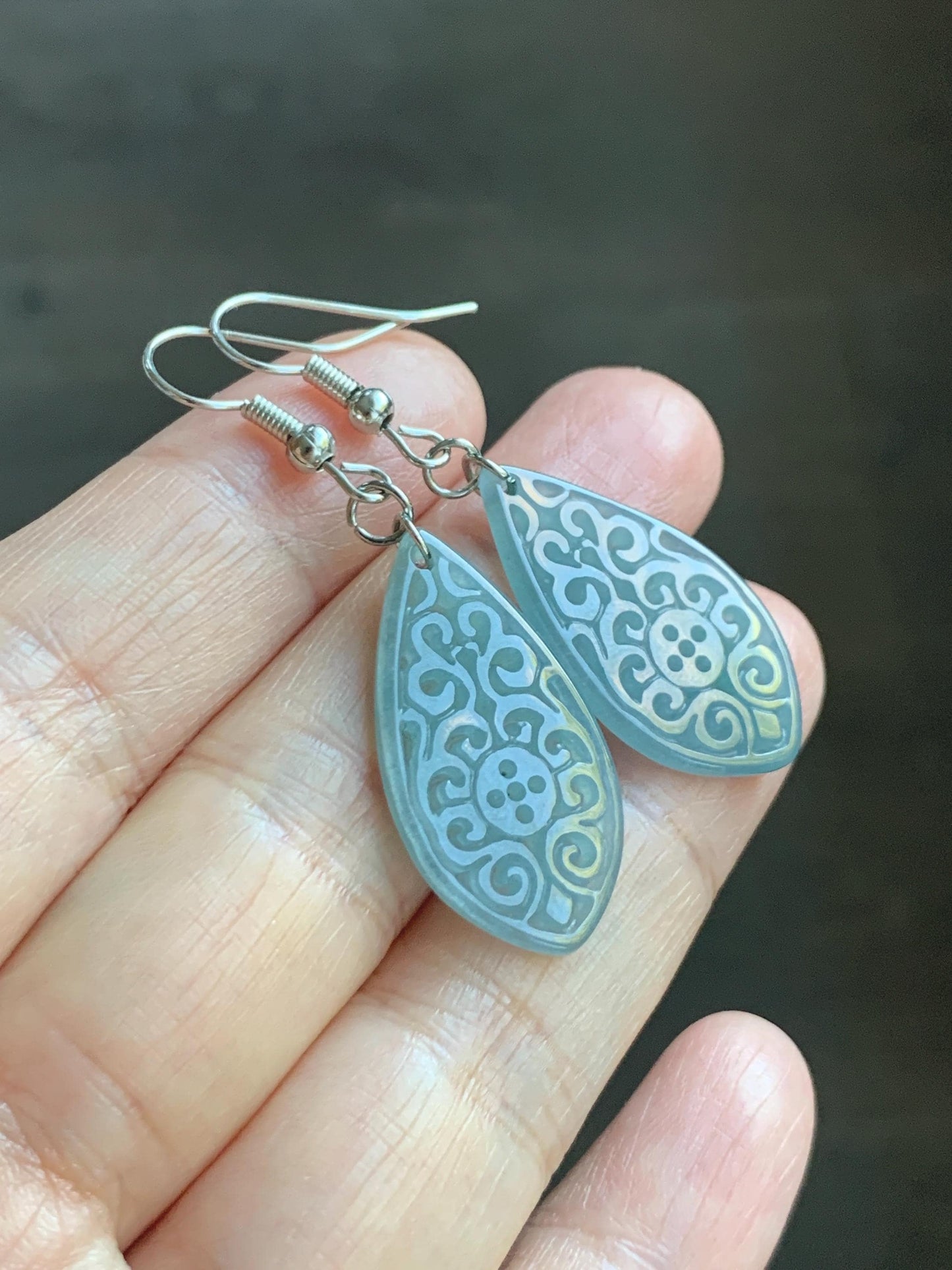 Natural Guatemalan Grade A Icy Translucent Dusty Teal Blue Jadeite Teardrop Dangle Earrings White Gold Plated 天然冰危浅蓝翡翠仿古雕水滴包金耳吊 FGD96C