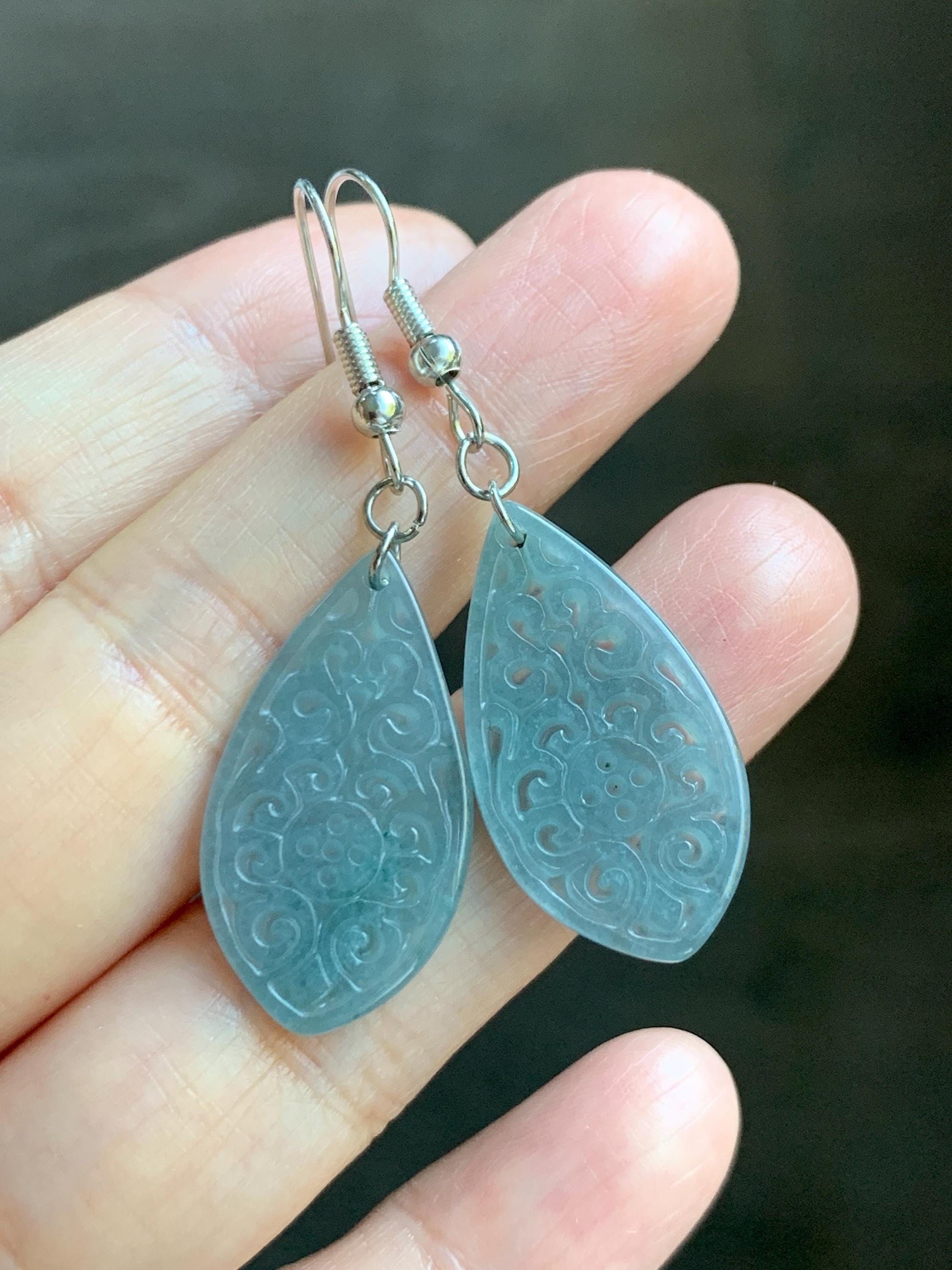 Natural Guatemalan Grade A Icy Translucent Dusty Teal Blue Jadeite Teardrop Dangle Earrings White Gold Plated 天然冰危浅蓝翡翠仿古雕水滴包金耳吊 FGD96C