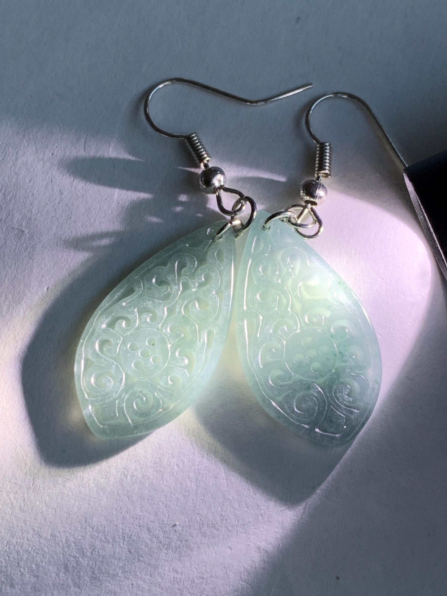 Natural Guatemalan Grade A Icy Translucent Dusty Teal Blue Jadeite Teardrop Dangle Earrings White Gold Plated 天然冰危浅蓝翡翠仿古雕水滴包金耳吊 FGD96C