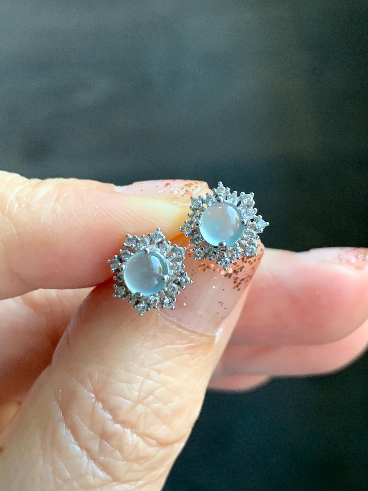 Natural grade A Guatemalan Icy Highly Translucent Pastel Blue Jade Jadeite Snowflake Stud Earrings Sterling Silver 天然冰危淡蓝翡翠银镶耳钉 XHD77