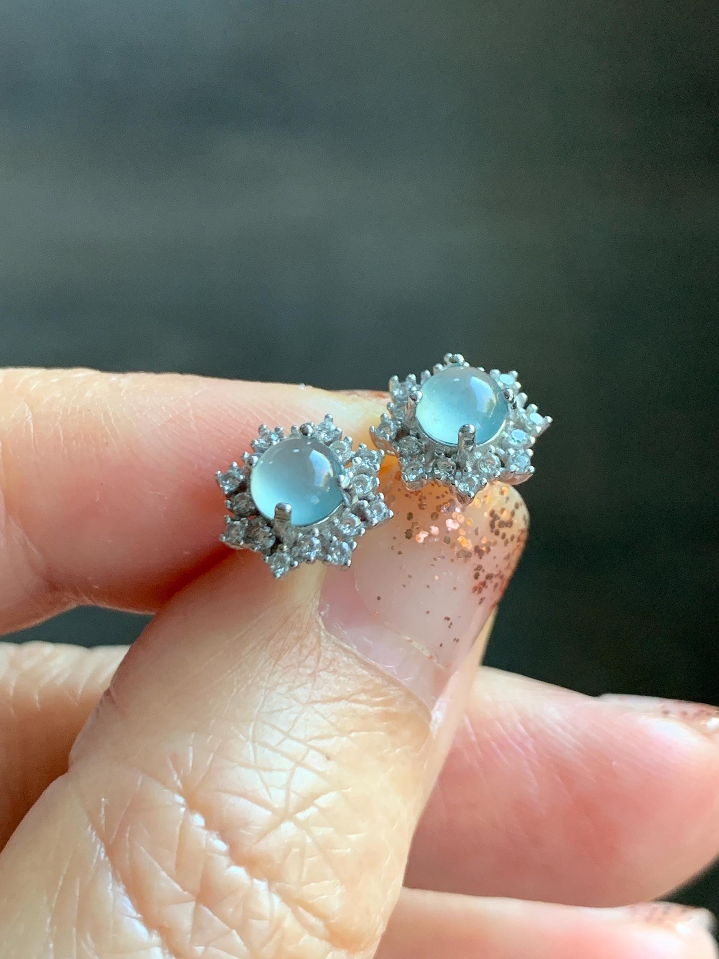 Natural grade A Guatemalan Icy Highly Translucent Pastel Blue Jade Jadeite Snowflake Stud Earrings Sterling Silver 天然冰危淡蓝翡翠银镶耳钉 XHD77