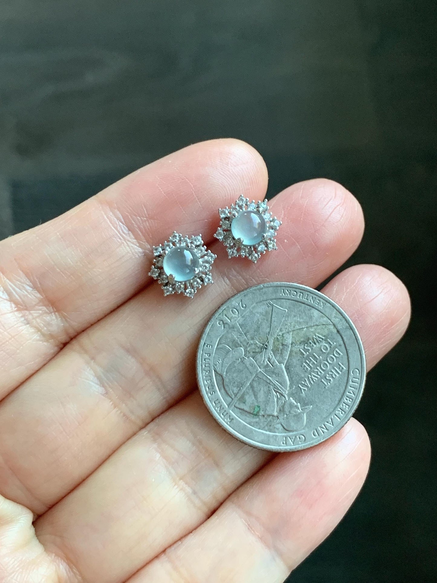 Natural grade A Guatemalan Icy Highly Translucent Pastel Blue Jade Jadeite Snowflake Stud Earrings Sterling Silver 天然冰危淡蓝翡翠银镶耳钉 XHD77