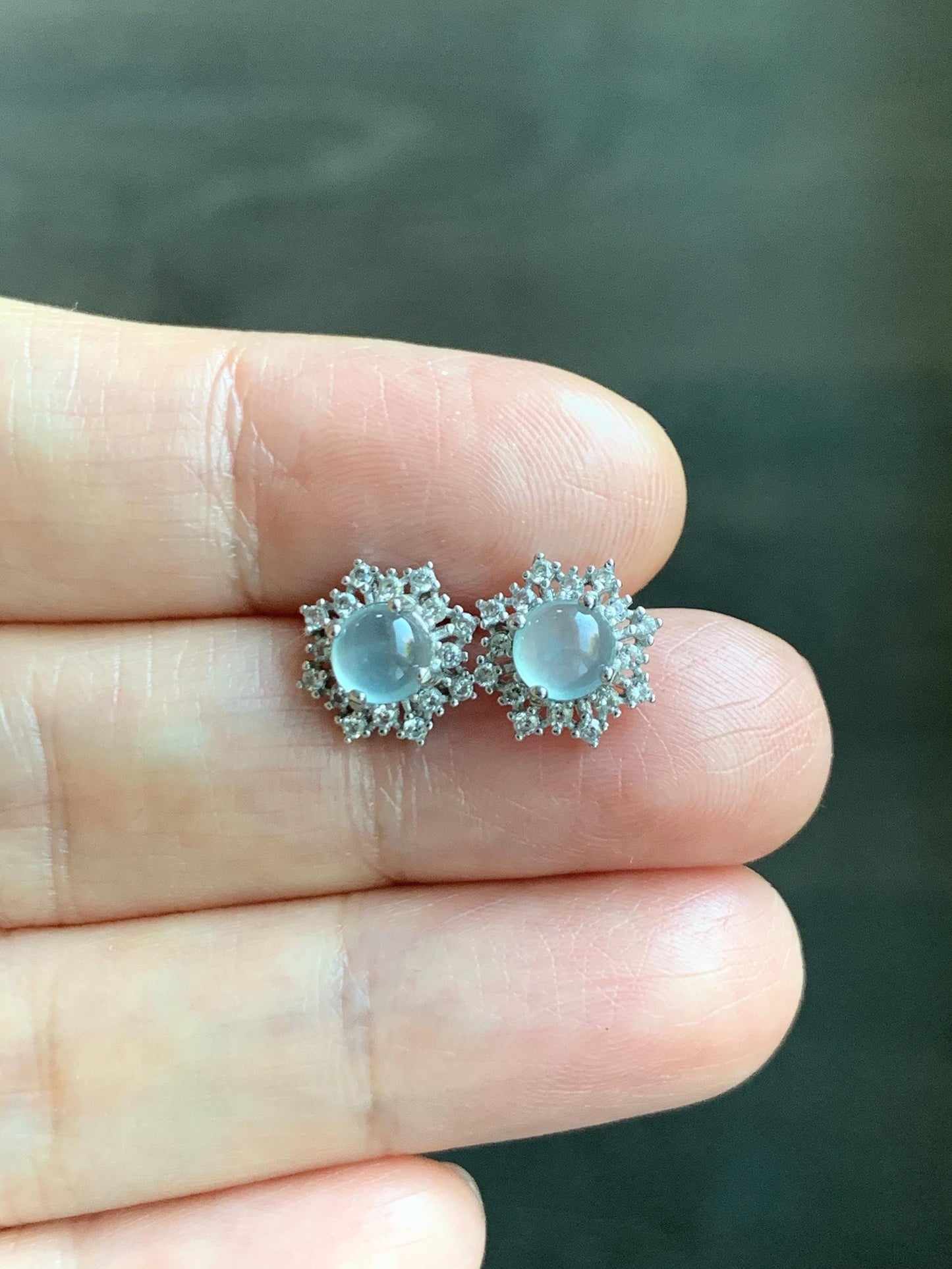 Natural grade A Guatemalan Icy Highly Translucent Pastel Blue Jade Jadeite Snowflake Stud Earrings Sterling Silver 天然冰危淡蓝翡翠银镶耳钉 XHD77