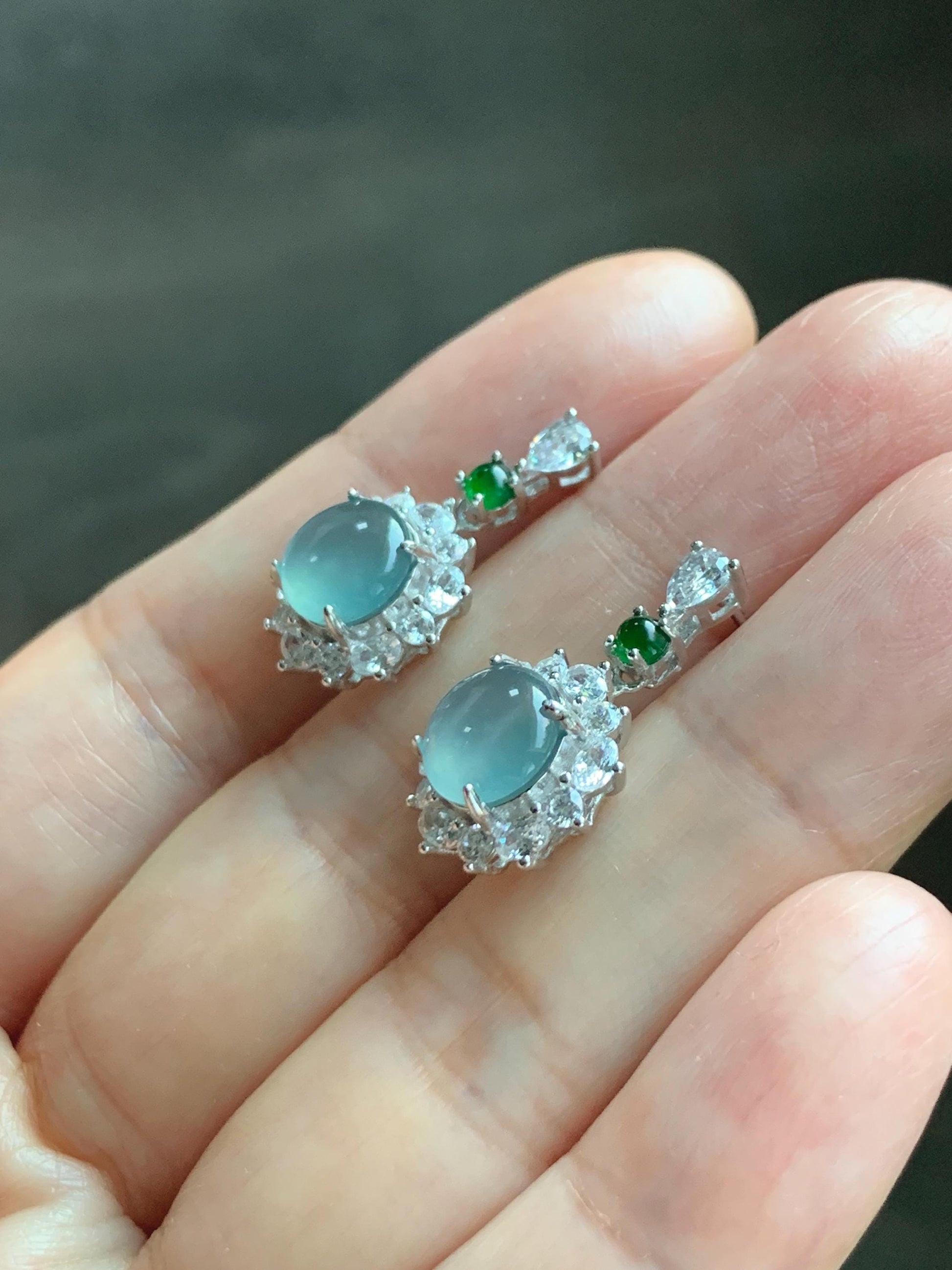 Natural Grade A Guatemalan Icy Highly Translucent Pastel Teal Blue Jade Jadeite Stud Dangle Earrings Sterling Silver 天然冰危蓝翡翠银镶耳钉 DWL82