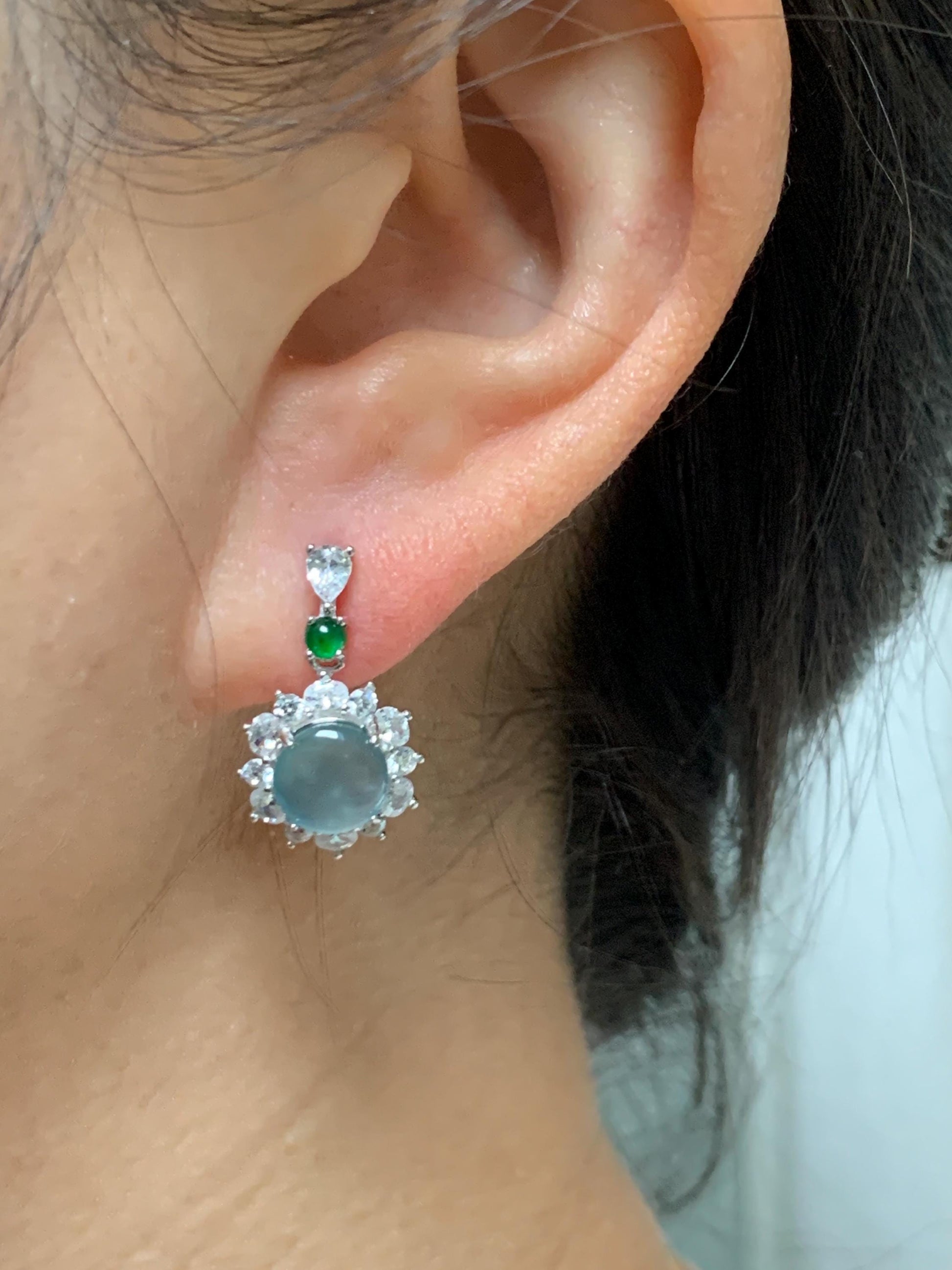 Natural Grade A Guatemalan Icy Highly Translucent Pastel Teal Blue Jade Jadeite Stud Dangle Earrings Sterling Silver 天然冰危蓝翡翠银镶耳钉 DWL82