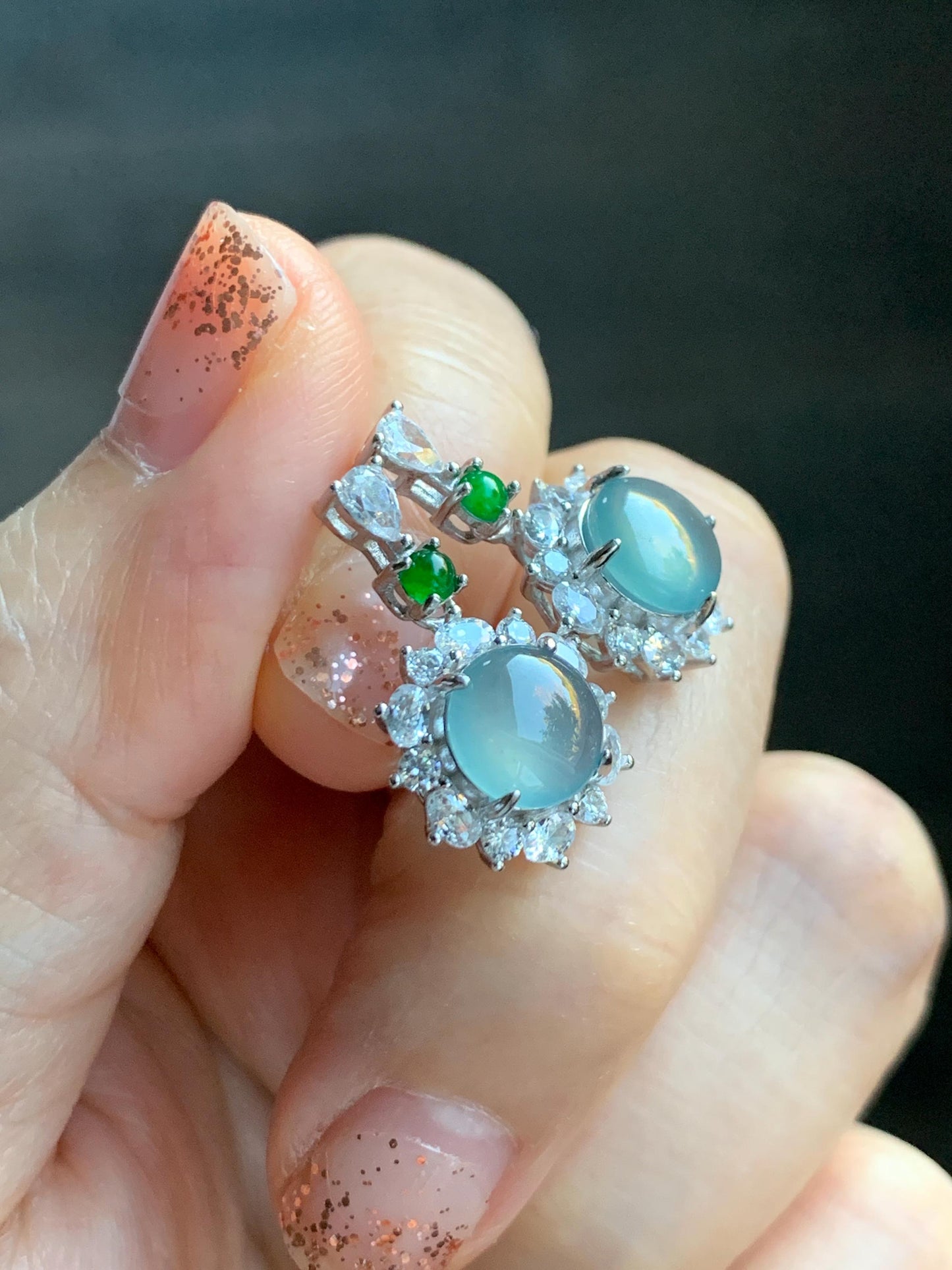 Natural Grade A Guatemalan Icy Highly Translucent Pastel Teal Blue Jade Jadeite Stud Dangle Earrings Sterling Silver 天然冰危蓝翡翠银镶耳钉 DWL82