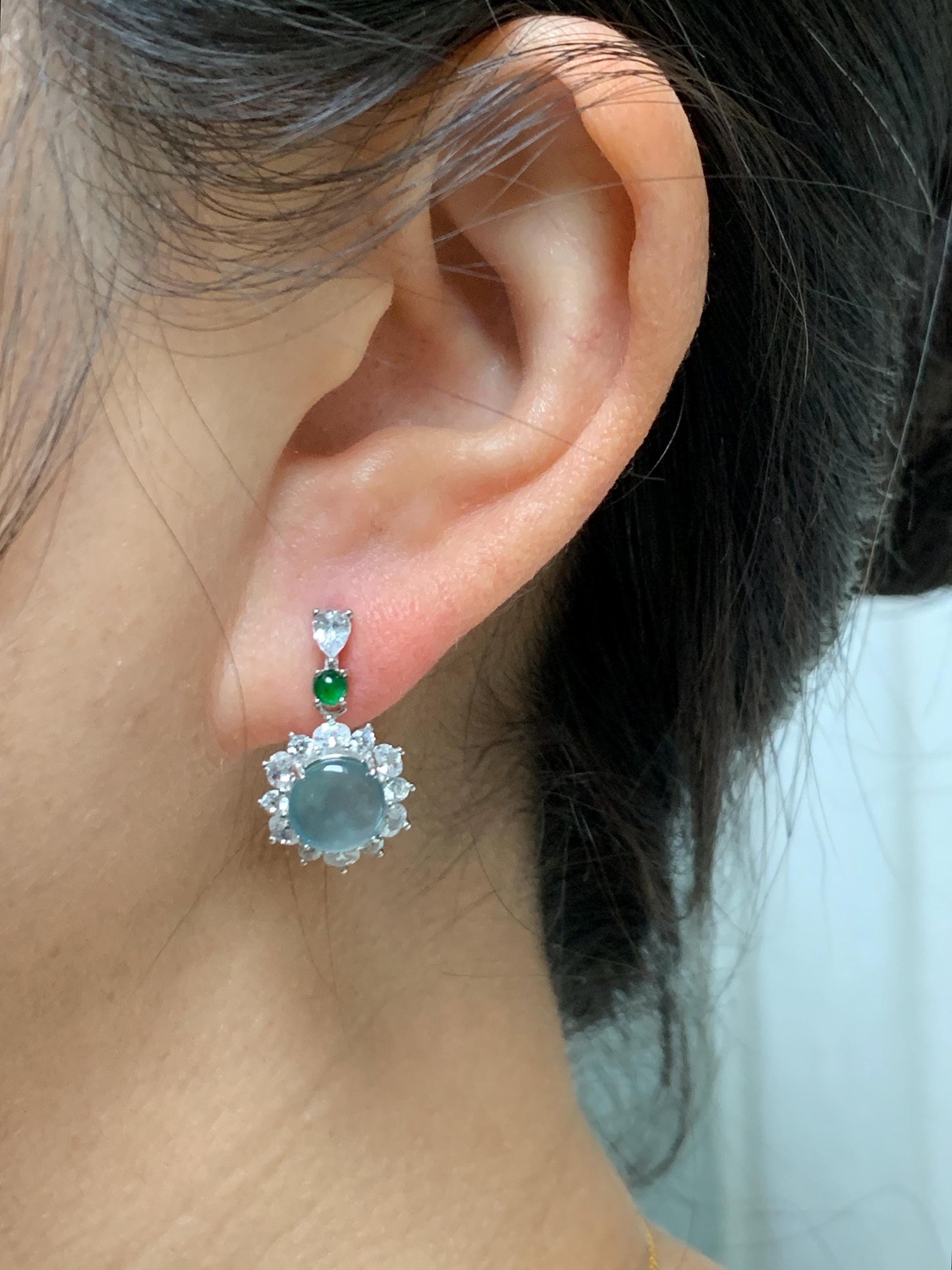 Natural Grade A Guatemalan Icy Highly Translucent Pastel Teal Blue Jade Jadeite Stud Dangle Earrings Sterling Silver 天然冰危蓝翡翠银镶耳钉 DWL82