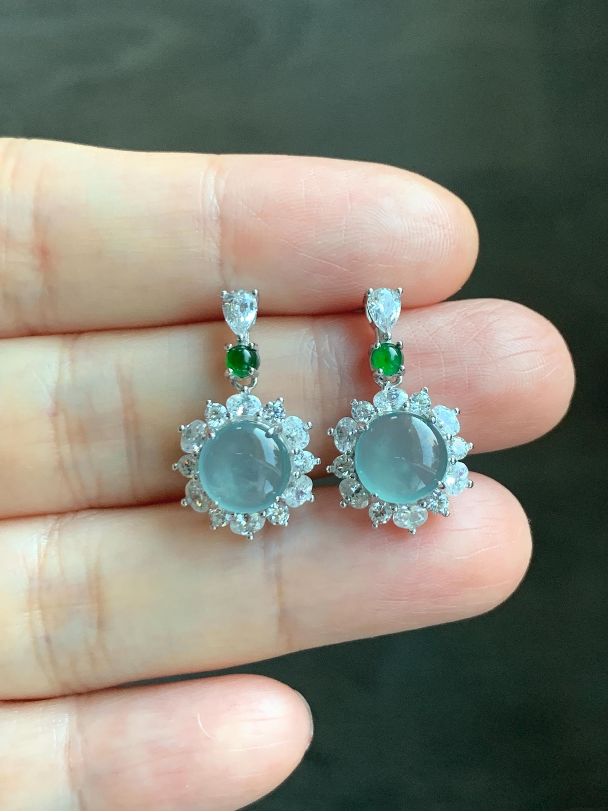 Natural Grade A Guatemalan Icy Highly Translucent Pastel Teal Blue Jade Jadeite Stud Dangle Earrings Sterling Silver 天然冰危蓝翡翠银镶耳钉 DWL82