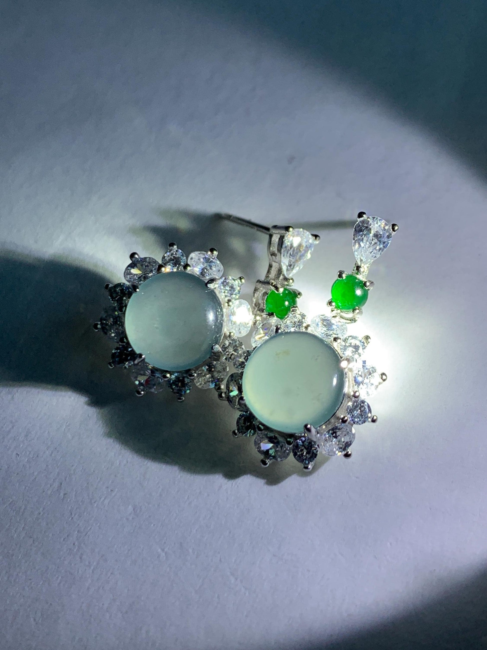 Natural Grade A Guatemalan Icy Highly Translucent Pastel Teal Blue Jade Jadeite Stud Dangle Earrings Sterling Silver 天然冰危蓝翡翠银镶耳钉 DWL82