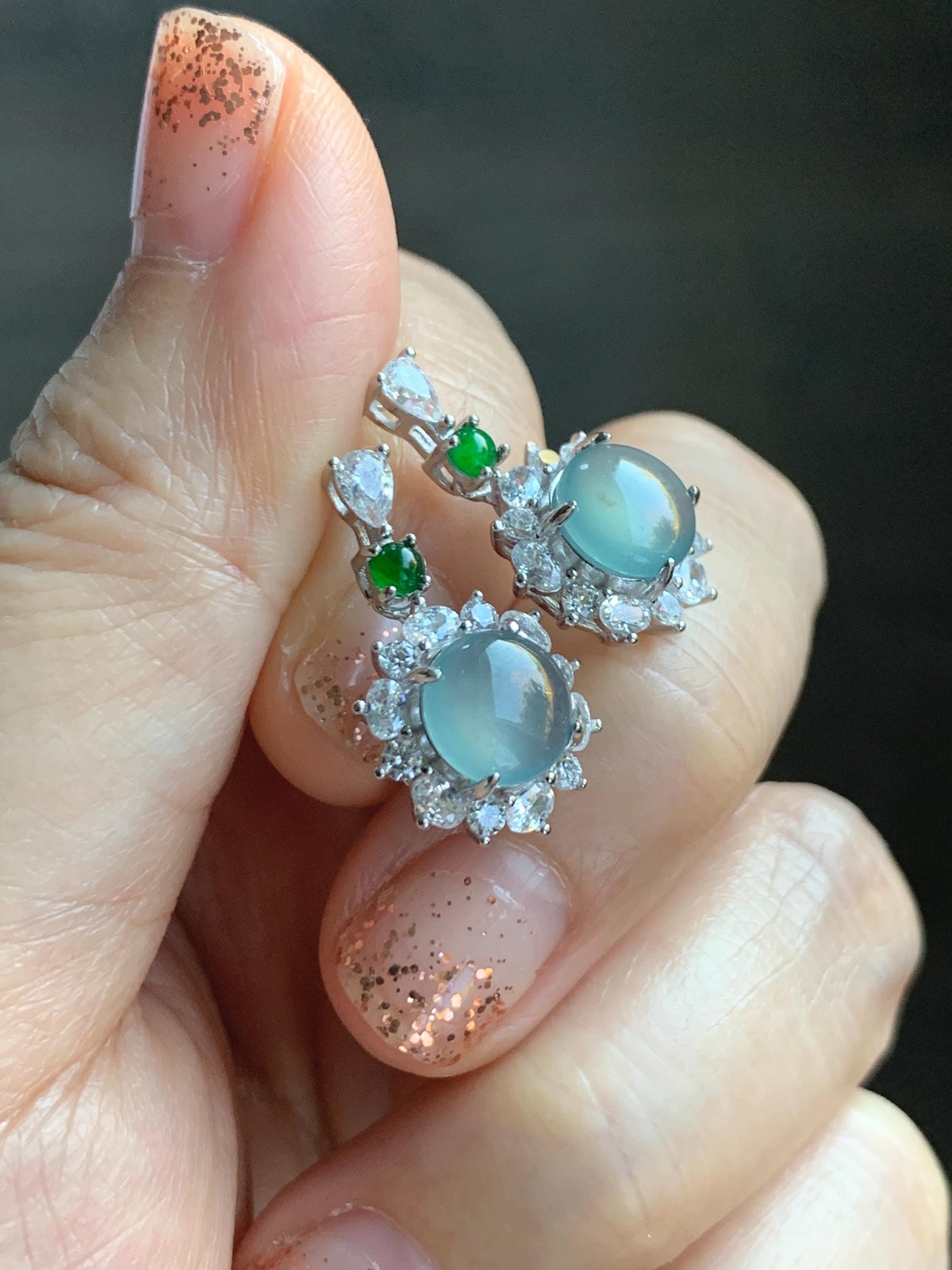 Natural Grade A Guatemalan Icy Highly Translucent Pastel Teal Blue Jade Jadeite Stud Dangle Earrings Sterling Silver 天然冰危蓝翡翠银镶耳钉 DWL82