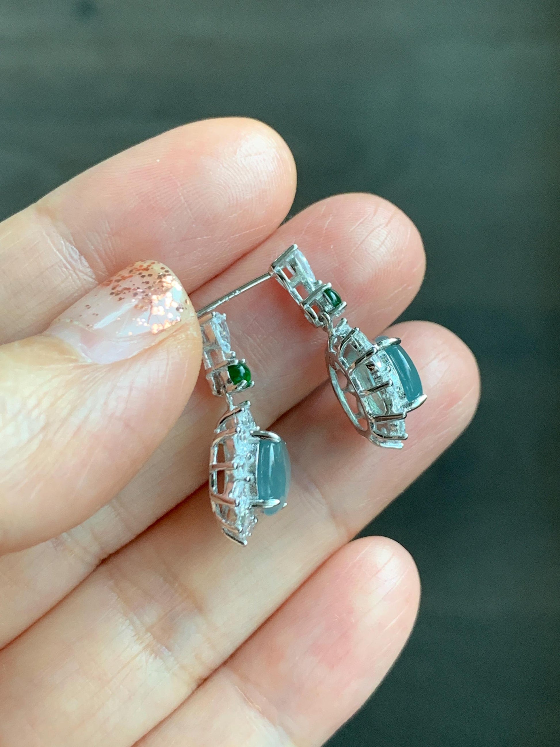 Natural Grade A Guatemalan Icy Highly Translucent Pastel Teal Blue Jade Jadeite Stud Dangle Earrings Sterling Silver 天然冰危蓝翡翠银镶耳钉 DWL82