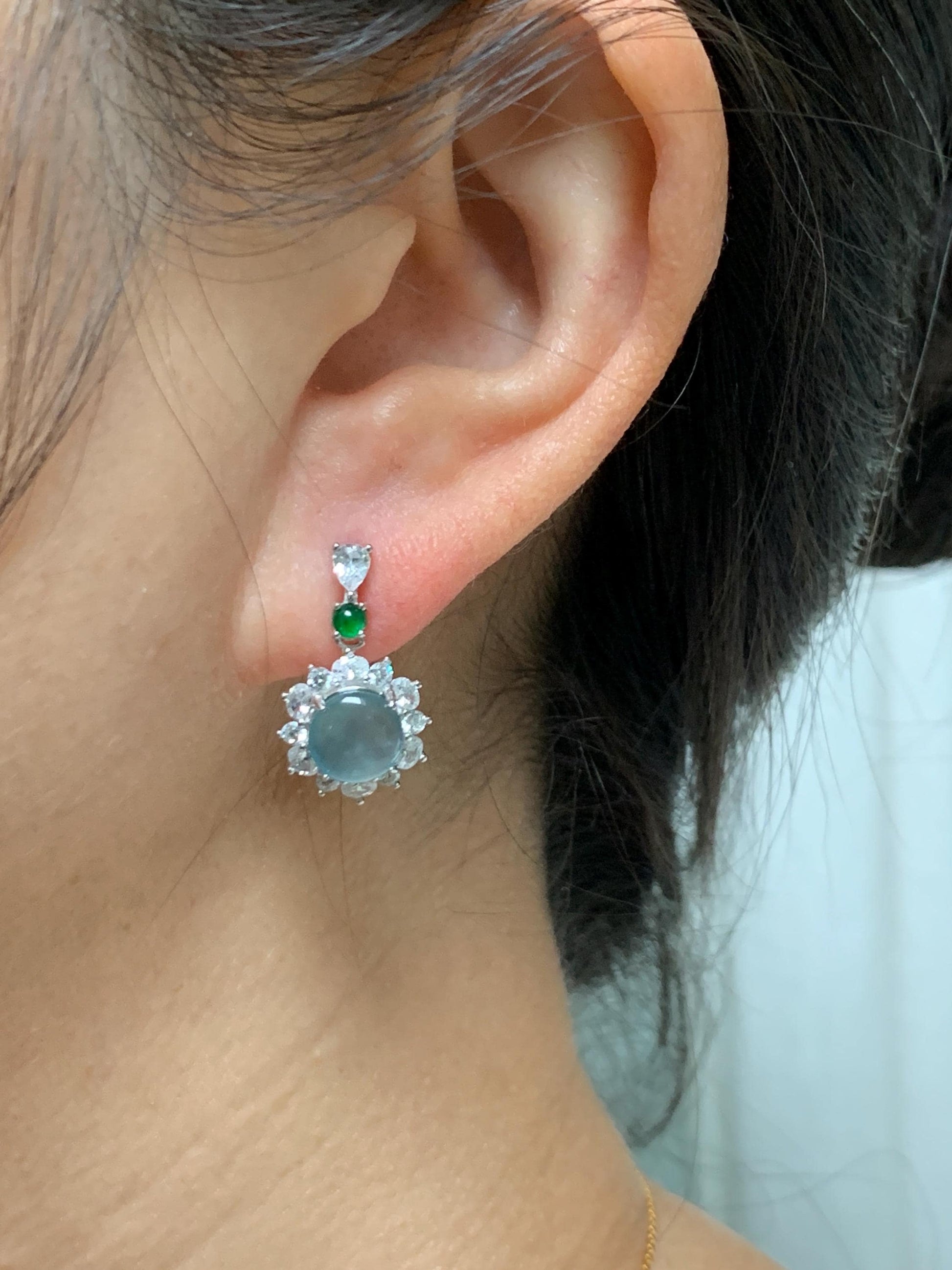 Natural Grade A Guatemalan Icy Highly Translucent Pastel Teal Blue Jade Jadeite Stud Dangle Earrings Sterling Silver 天然冰危蓝翡翠银镶耳钉 DWL82
