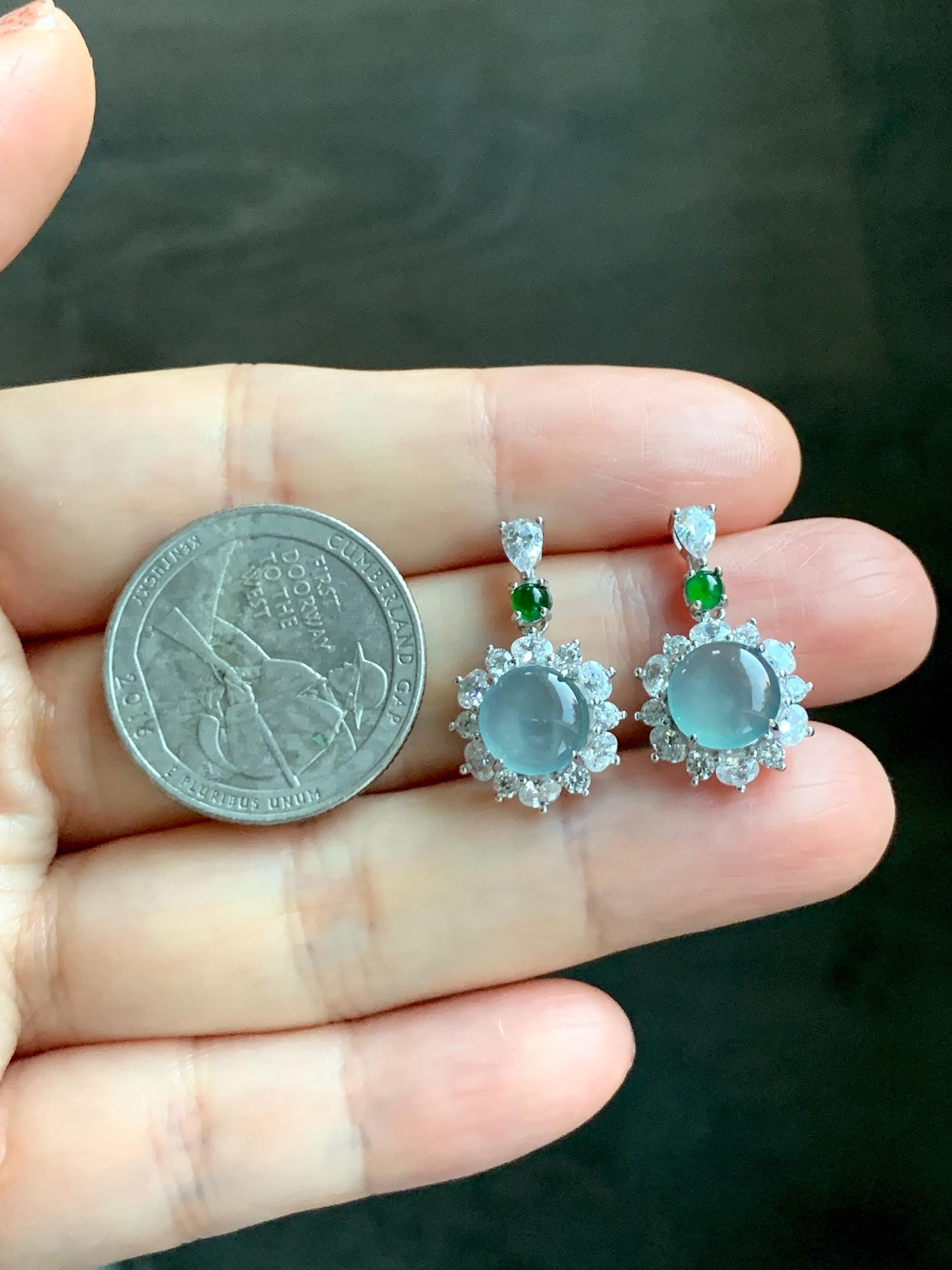 Natural Grade A Guatemalan Icy Highly Translucent Pastel Teal Blue Jade Jadeite Stud Dangle Earrings Sterling Silver 天然冰危蓝翡翠银镶耳钉 DWL82