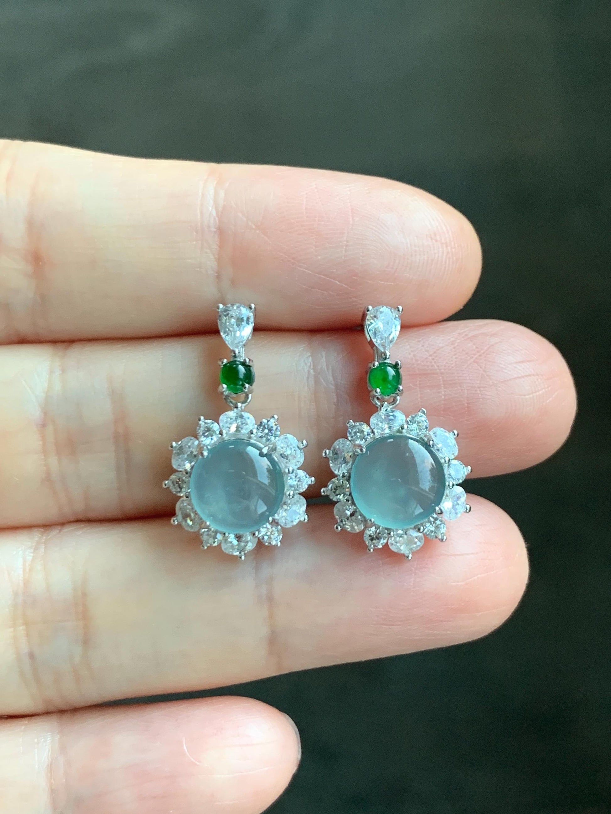Natural Grade A Guatemalan Icy Highly Translucent Pastel Teal Blue Jade Jadeite Stud Dangle Earrings Sterling Silver 天然冰危蓝翡翠银镶耳钉 DWL82