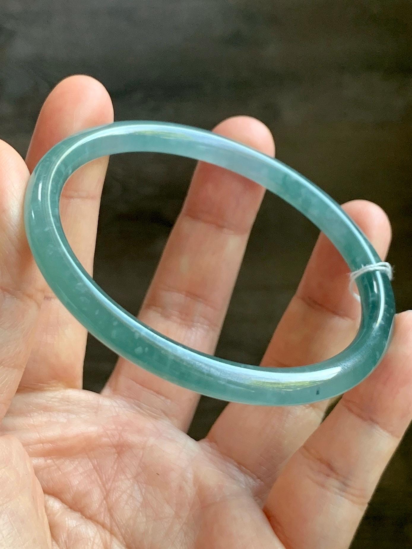 Certified Natural Grade A Guatemalan Icy Translucent Teal Blue & Green Marbled Jade Jadeite Slim Bangle 58.7mm 7.25” 20g 天然冰危晴蓝翡翠细圆条手镯 475