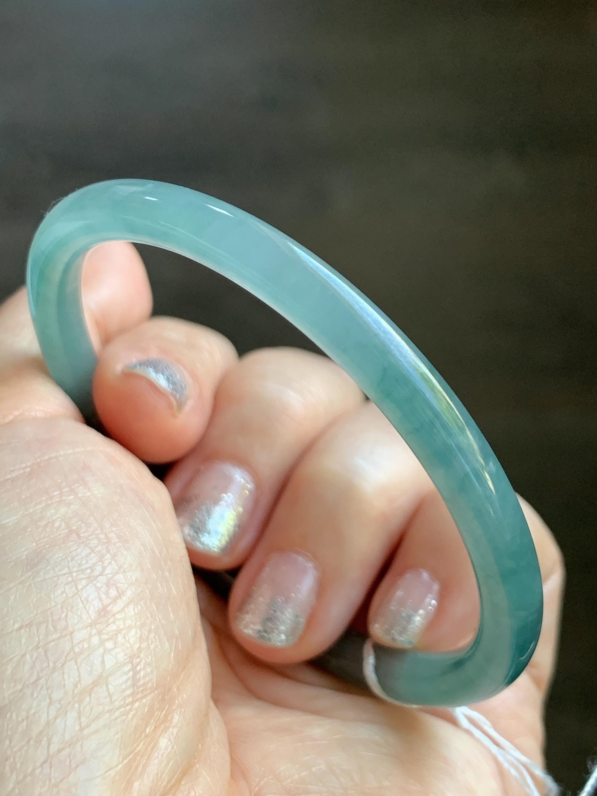 Certified Natural Grade A Guatemalan Icy Translucent Teal Blue & Green Marbled Jade Jadeite Slim Bangle 58.7mm 7.25” 20g 天然冰危晴蓝翡翠细圆条手镯 475