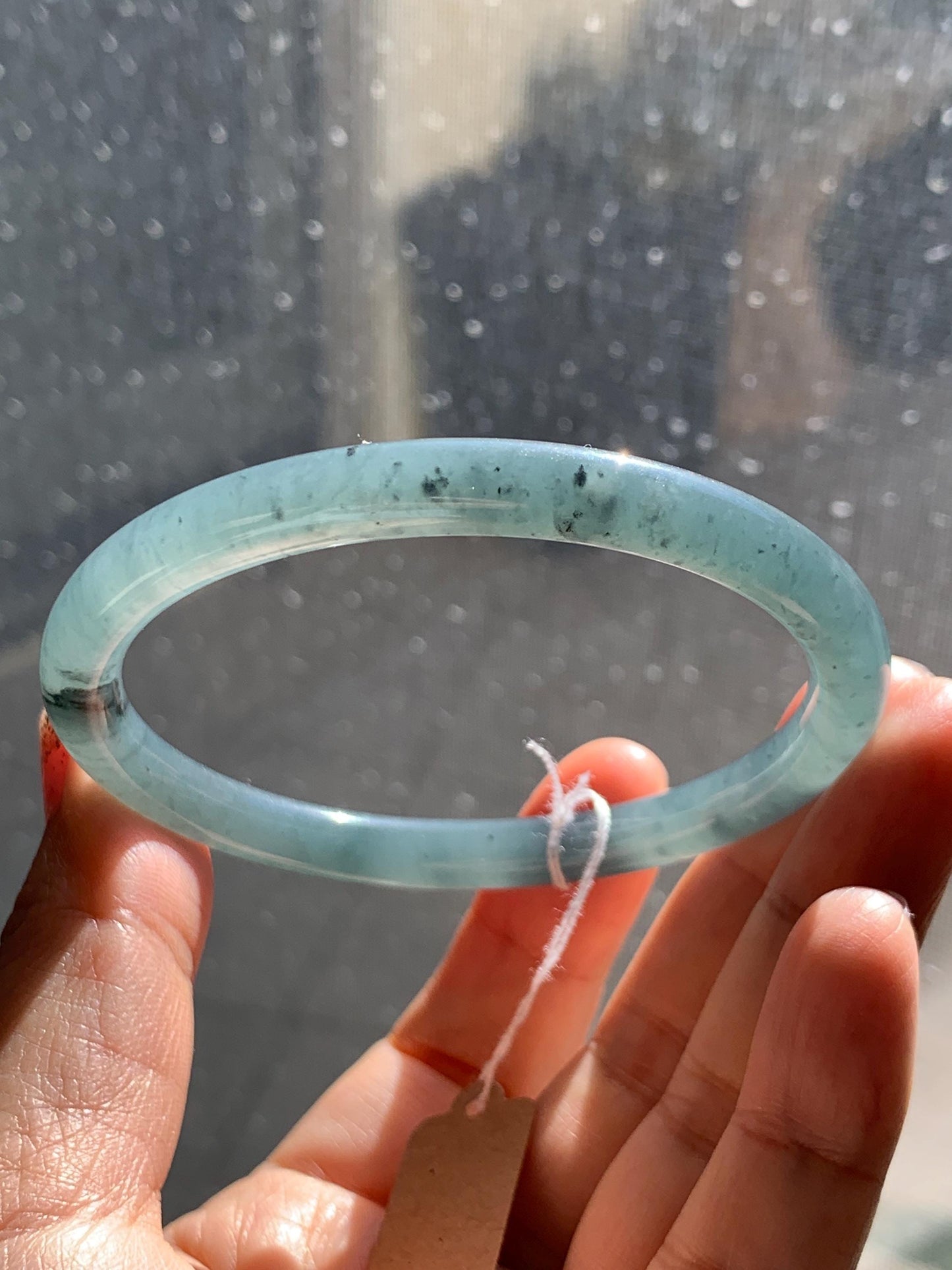 Certified Natural Grade A Guatemalan Icy Translucent Grayish Blue Wuji Marbled Jade Jadeite Bangle Bracelet 57.5mm 7.11” 天然冰危蓝灰乌鸡细圆条翡翠手镯 460