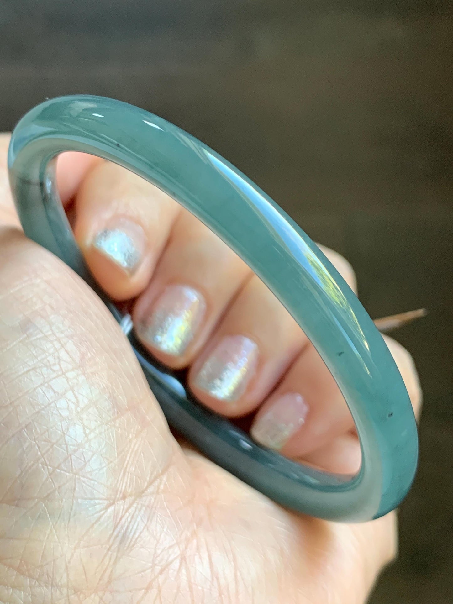 Certified Natural Grade A Guatemalan Icy Translucent Grayish Blue Wuji Marbled Jade Jadeite Bangle Bracelet 57.5mm 7.11” 天然冰危蓝灰乌鸡细圆条翡翠手镯 460