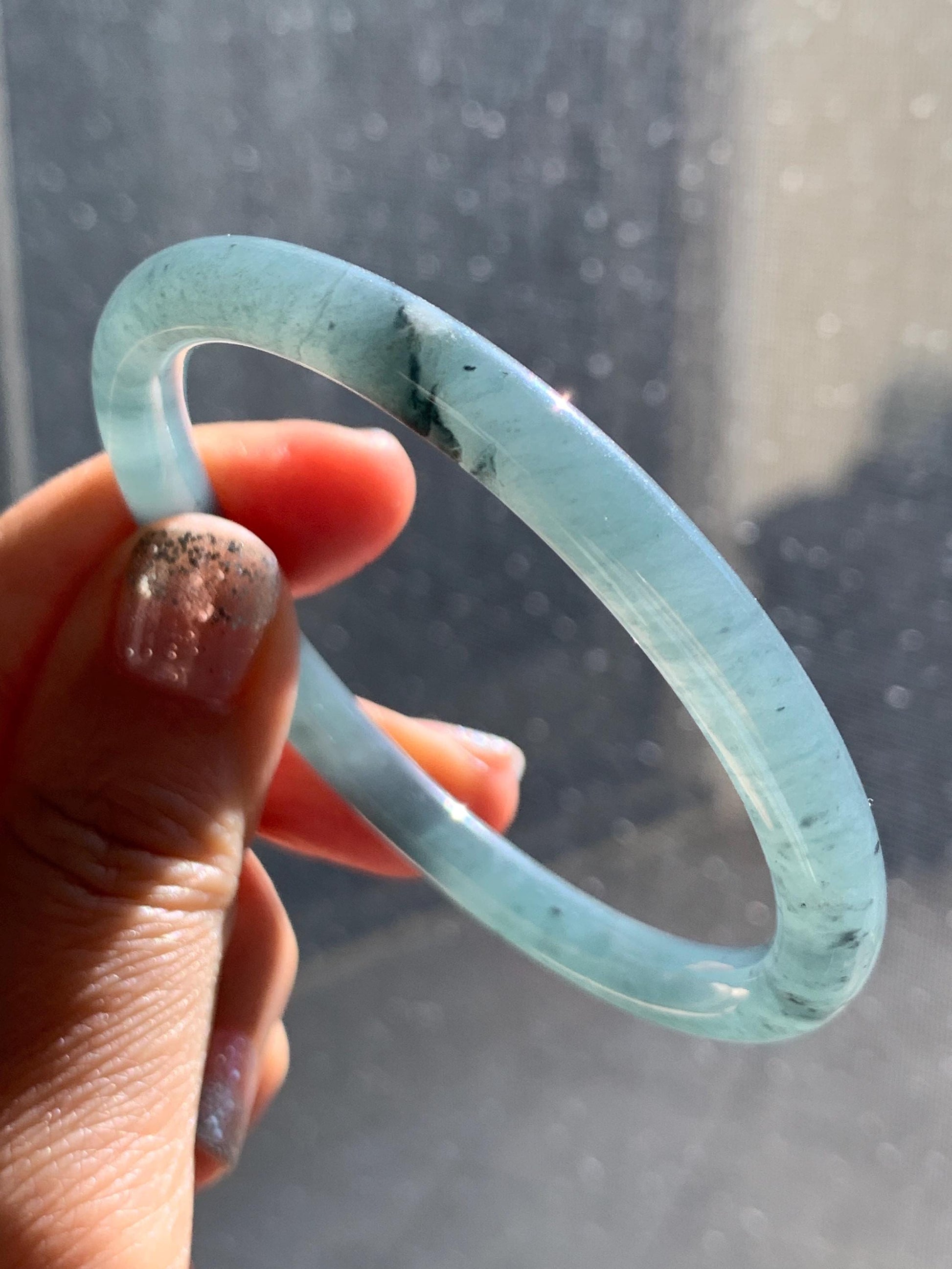 Certified Natural Grade A Guatemalan Icy Translucent Grayish Blue Wuji Marbled Jade Jadeite Bangle Bracelet 57.5mm 7.11” 天然冰危蓝灰乌鸡细圆条翡翠手镯 460