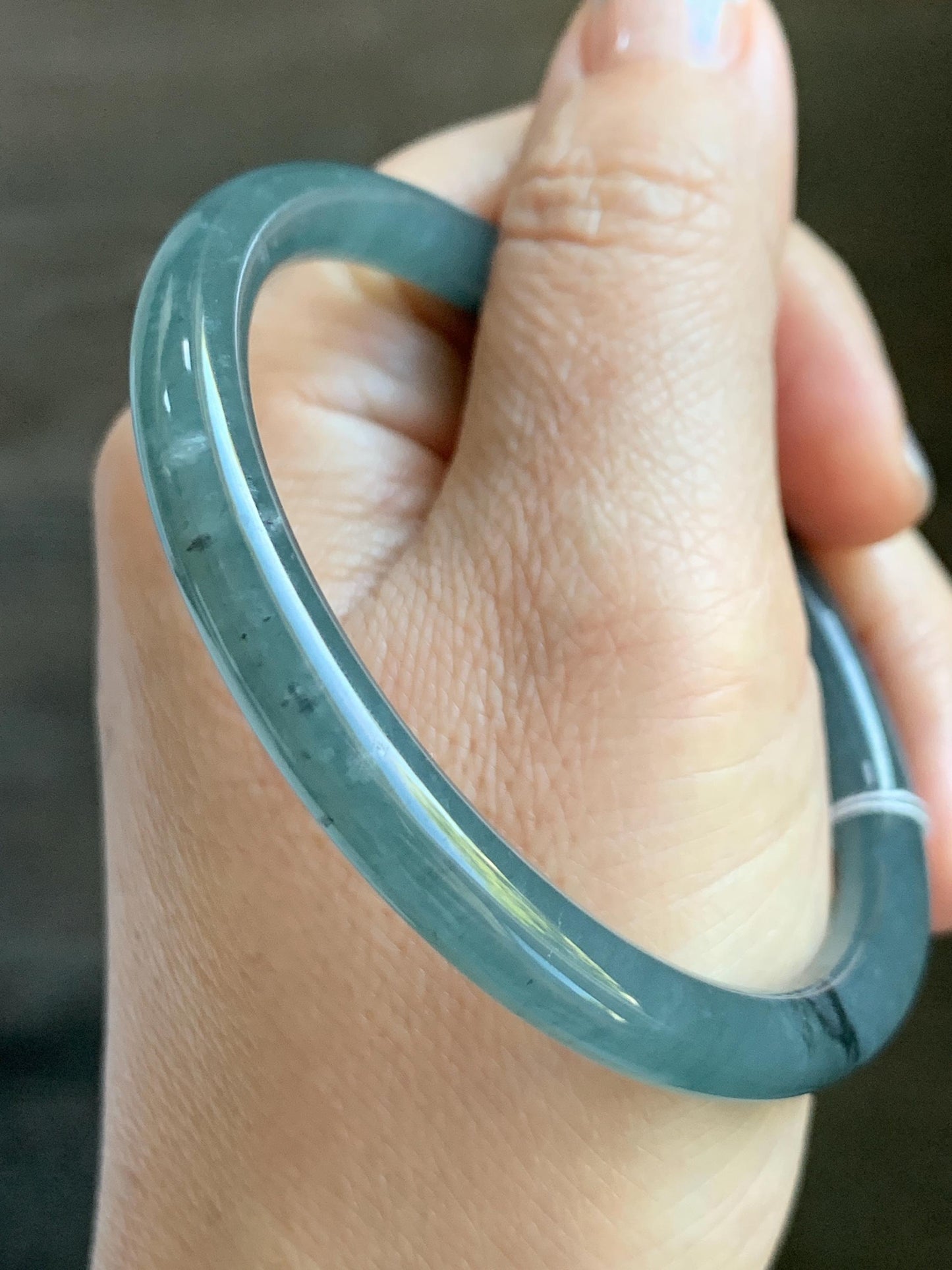 Certified Natural Grade A Guatemalan Icy Translucent Grayish Blue Wuji Marbled Jade Jadeite Bangle Bracelet 57.5mm 7.11” 天然冰危蓝灰乌鸡细圆条翡翠手镯 460