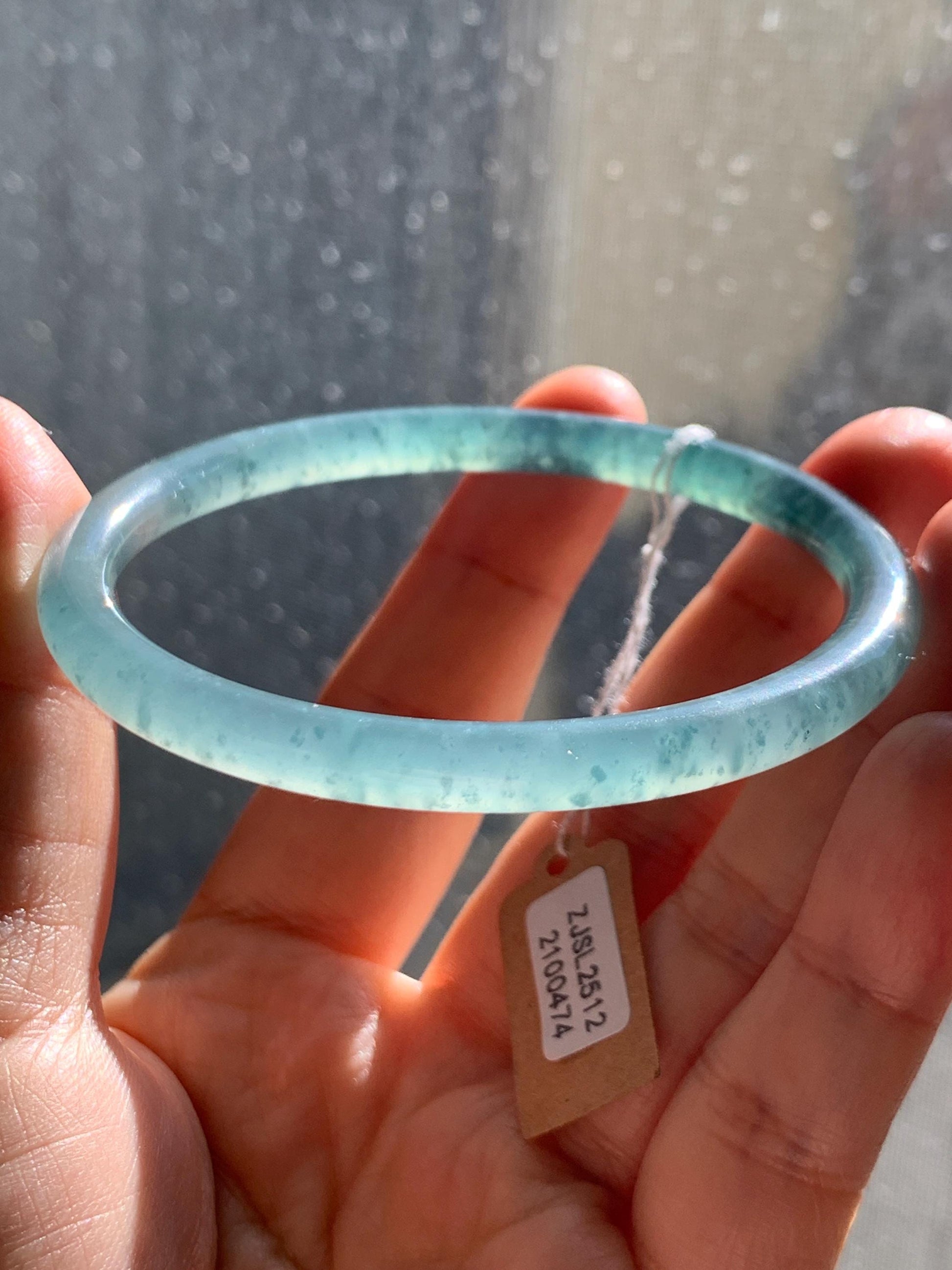 Certified Natural Grade A Guatemalan Icy Highly Translucent Light Teal Green Jade Jadeite Slim Bangle Bracelet 58mm 7.17” 天然冰危晴蓝翡翠细圆条手镯 474