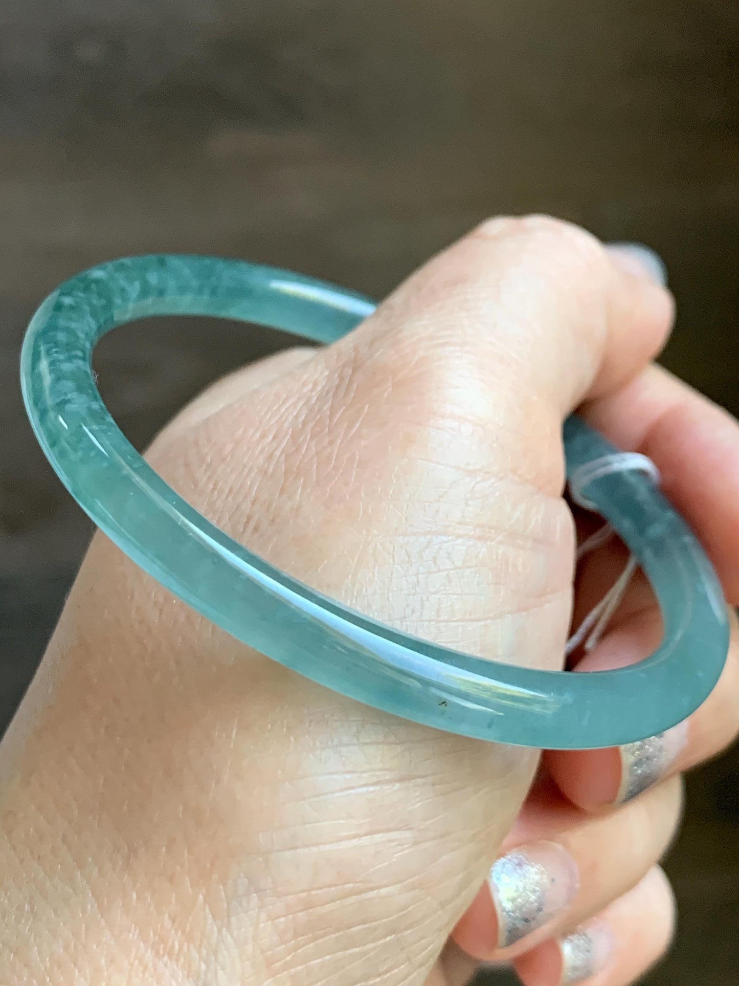 Certified Natural Grade A Guatemalan Icy Highly Translucent Light Teal Green Jade Jadeite Slim Bangle Bracelet 58mm 7.17” 天然冰危晴蓝翡翠细圆条手镯 474