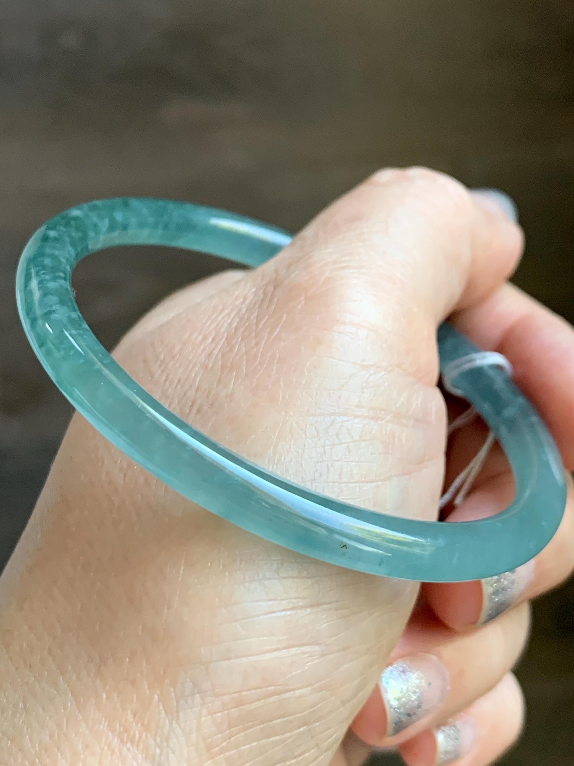 Certified Natural Grade A Guatemalan Icy Highly Translucent Light Teal Green Jade Jadeite Slim Bangle Bracelet 58mm 7.17” 天然冰危晴蓝翡翠细圆条手镯 474