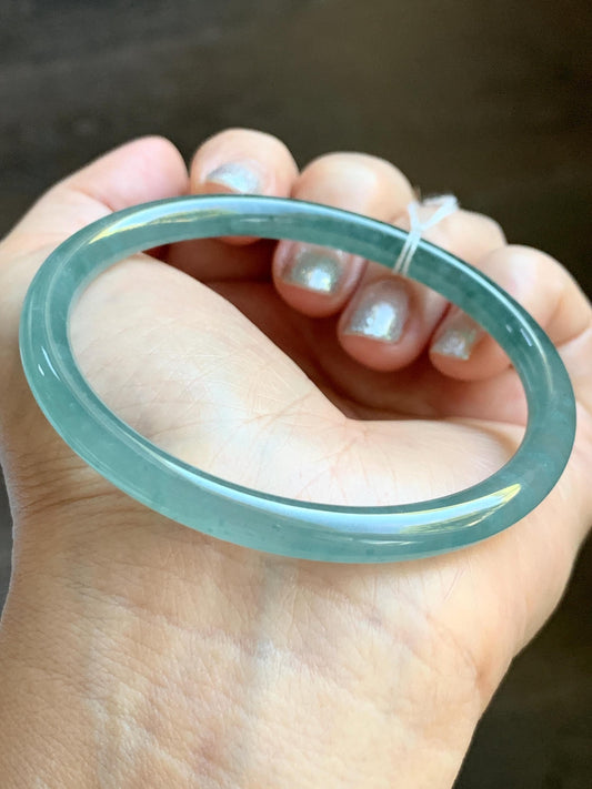 Certified Natural Grade A Guatemalan Icy Highly Translucent Light Teal Green Jade Jadeite Slim Bangle Bracelet 58mm 7.17” 天然冰危晴蓝翡翠细圆条手镯 474