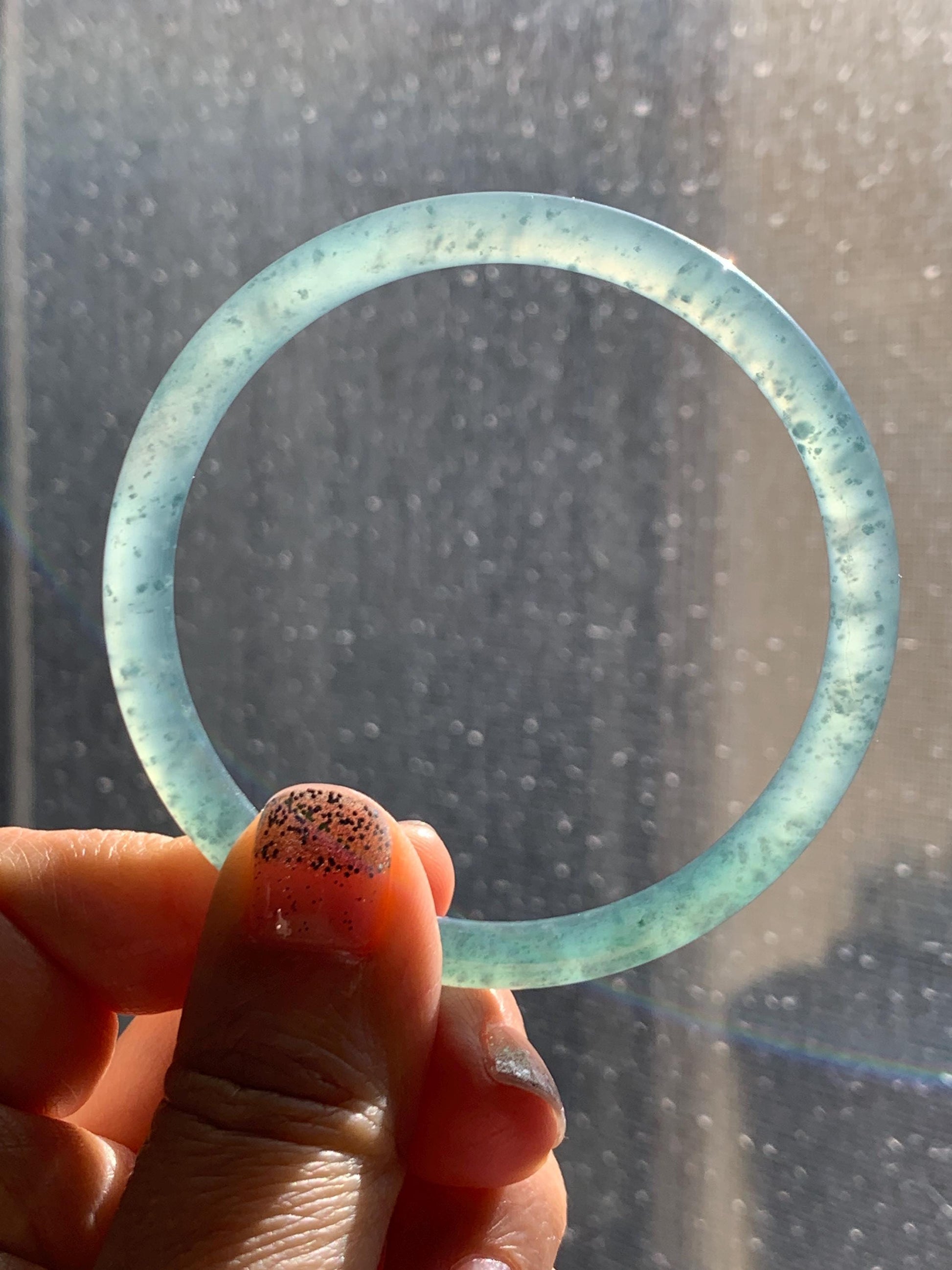 Certified Natural Grade A Guatemalan Icy Highly Translucent Light Teal Green Jade Jadeite Slim Bangle Bracelet 58mm 7.17” 天然冰危晴蓝翡翠细圆条手镯 474
