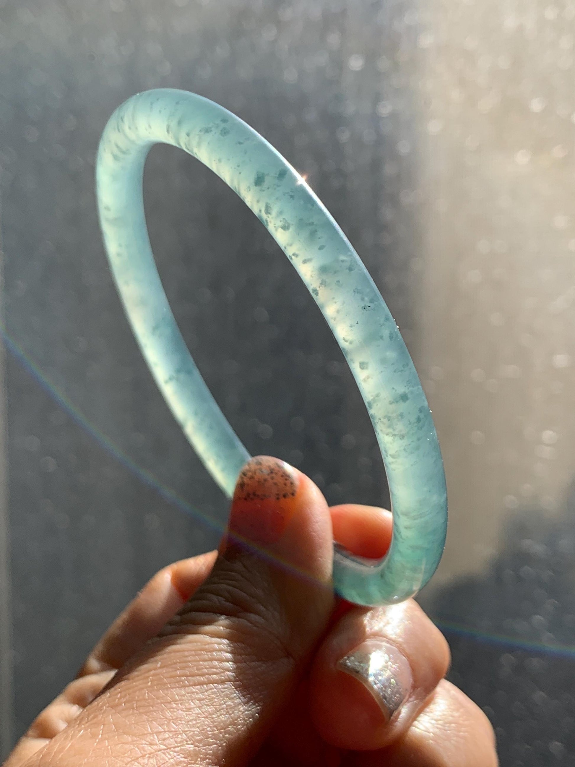 Certified Natural Grade A Guatemalan Icy Highly Translucent Light Teal Green Jade Jadeite Slim Bangle Bracelet 58mm 7.17” 天然冰危晴蓝翡翠细圆条手镯 474