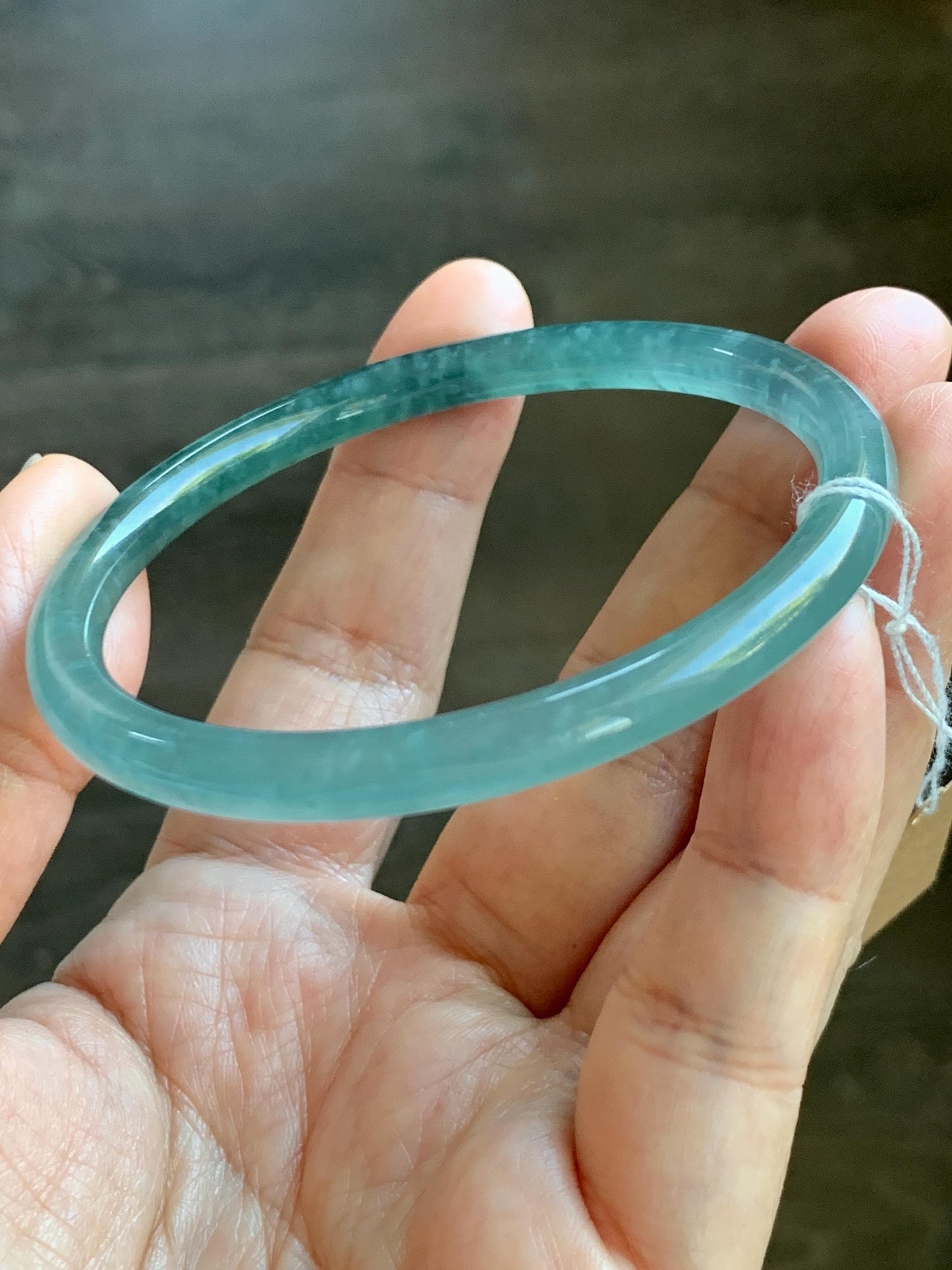 Certified Natural Grade A Guatemalan Icy Highly Translucent Light Teal Green Jade Jadeite Slim Bangle Bracelet 58mm 7.17” 天然冰危晴蓝翡翠细圆条手镯 474