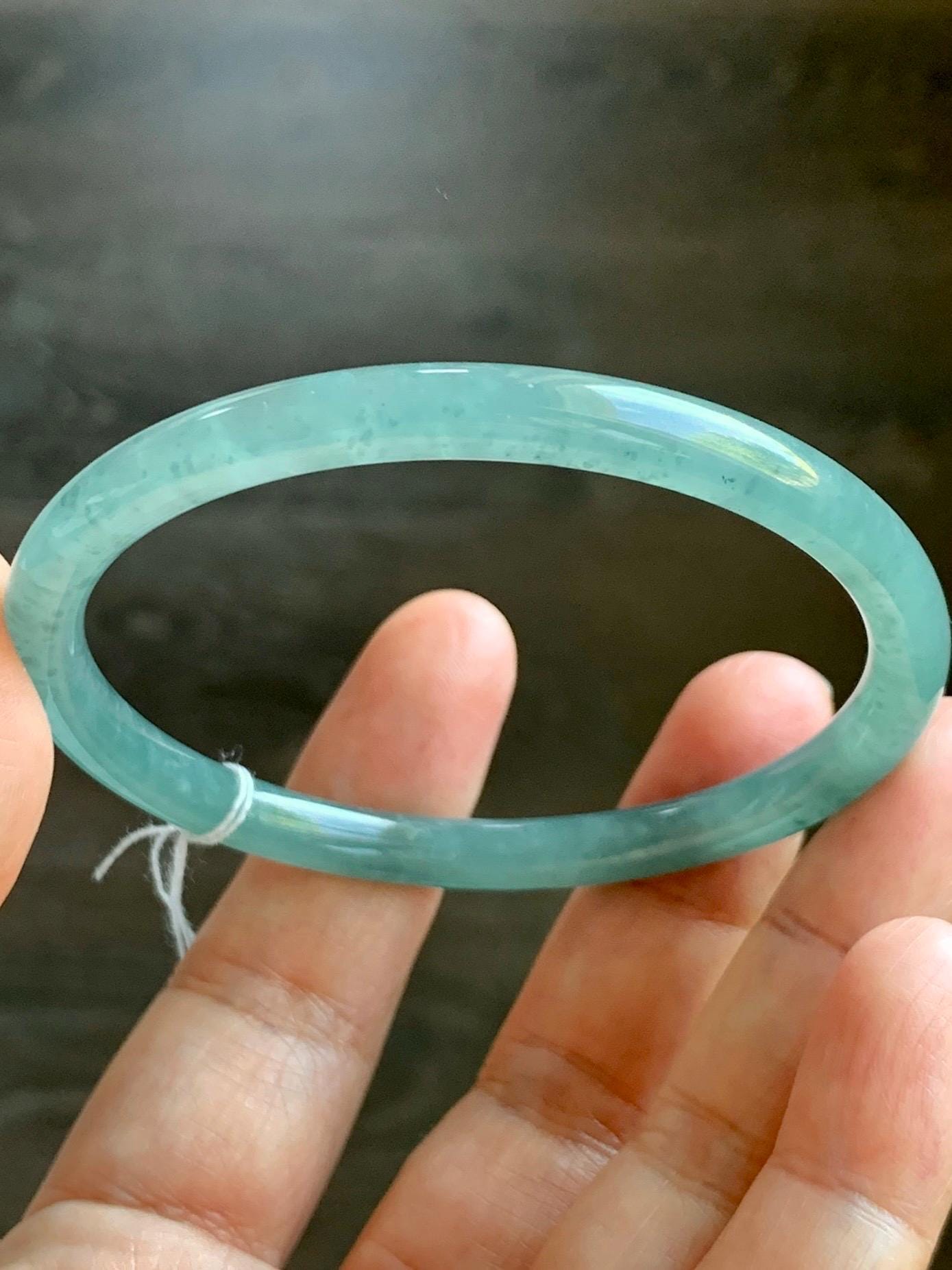Certified Natural Grade A Guatemalan Icy Highly Translucent Light Teal Jade Jadeite Slim Bangle Bracelet 58.3mm 7.2” 天然冰危晴蓝翡翠细圆条手镯 456