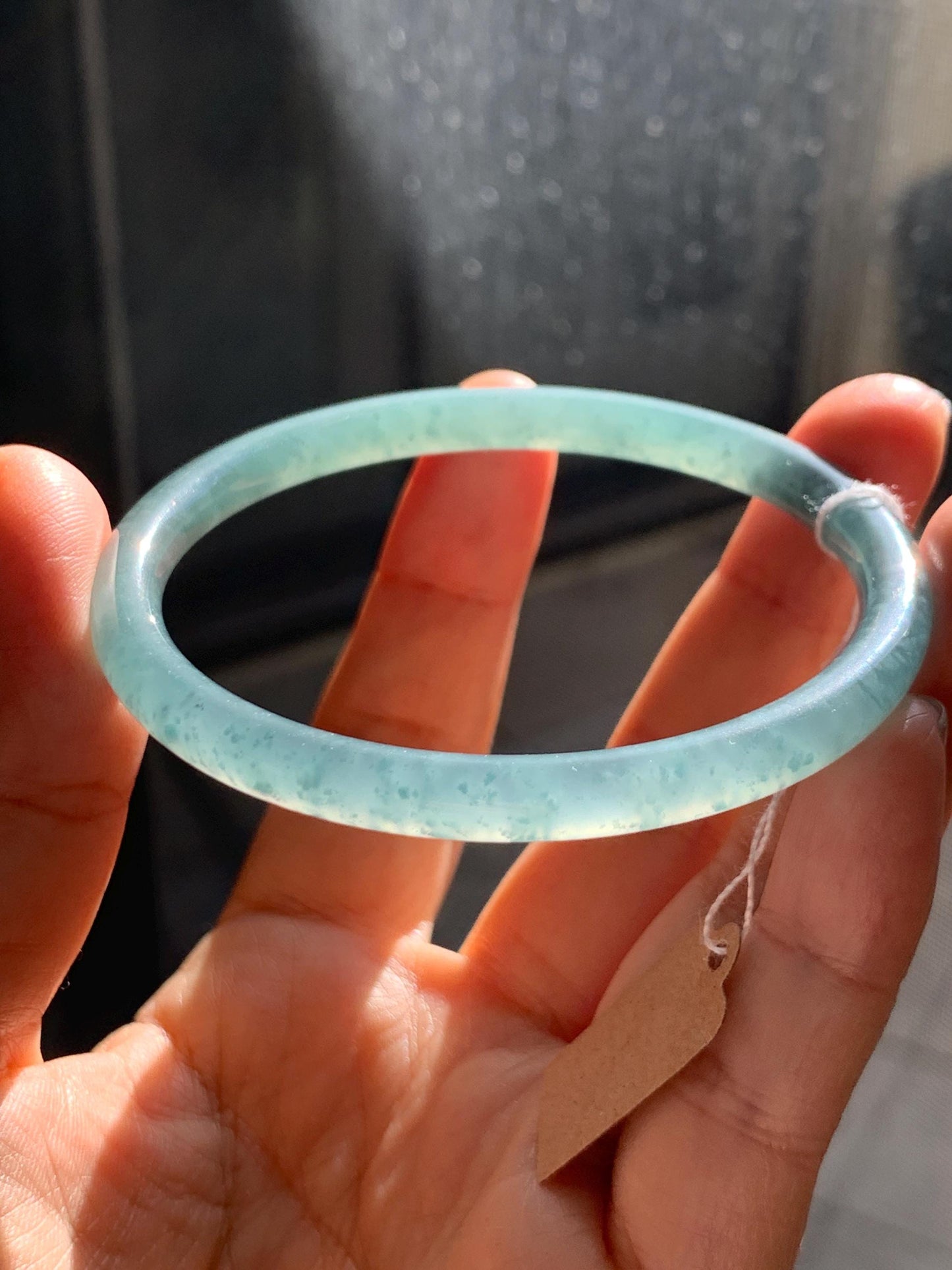 Certified Natural Grade A Guatemalan Icy Highly Translucent Light Teal Jade Jadeite Slim Bangle Bracelet 58.3mm 7.2” 天然冰危晴蓝翡翠细圆条手镯 456