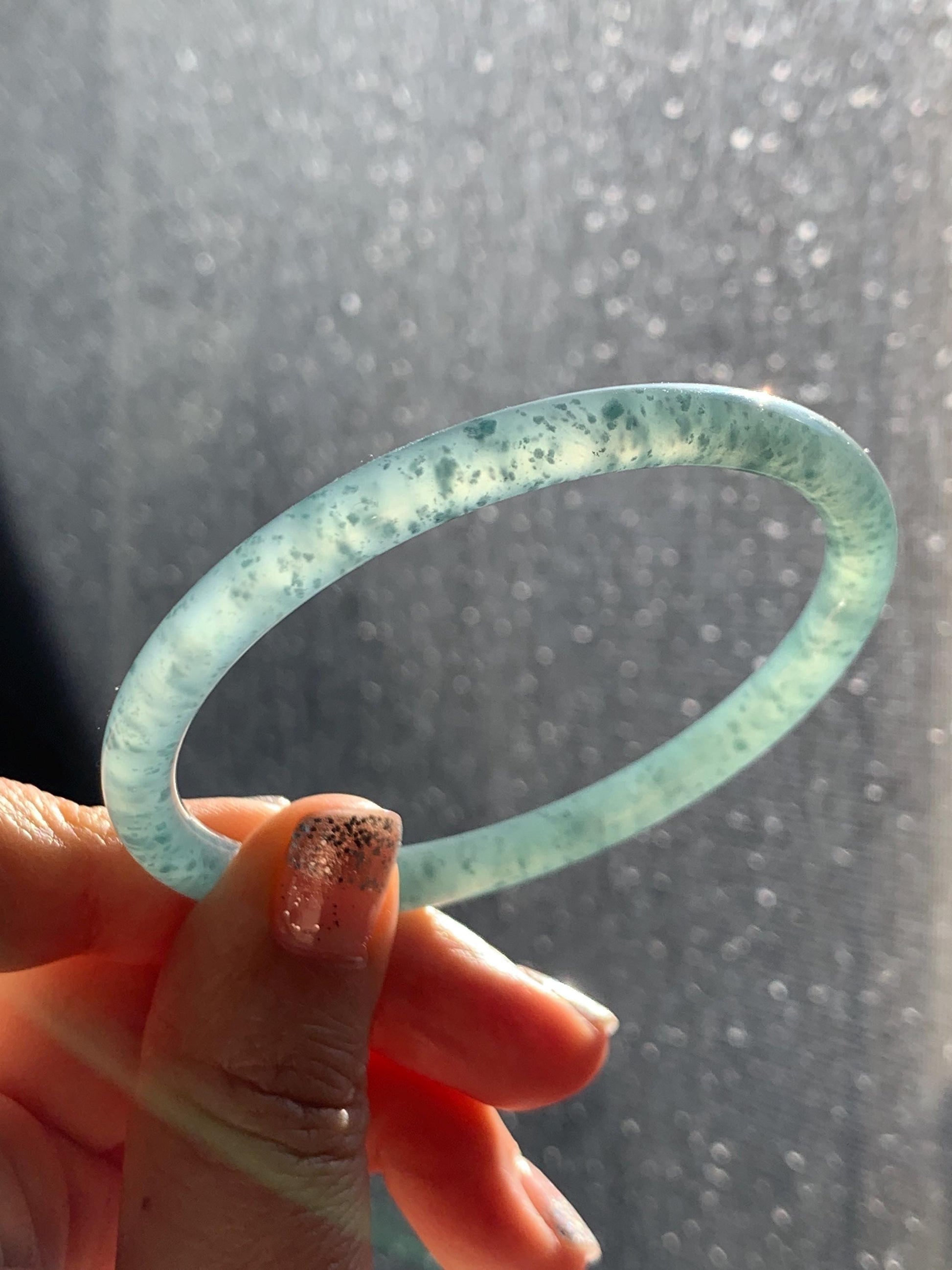 Certified Natural Grade A Guatemalan Icy Highly Translucent Light Teal Jade Jadeite Slim Bangle Bracelet 58.3mm 7.2” 天然冰危晴蓝翡翠细圆条手镯 456