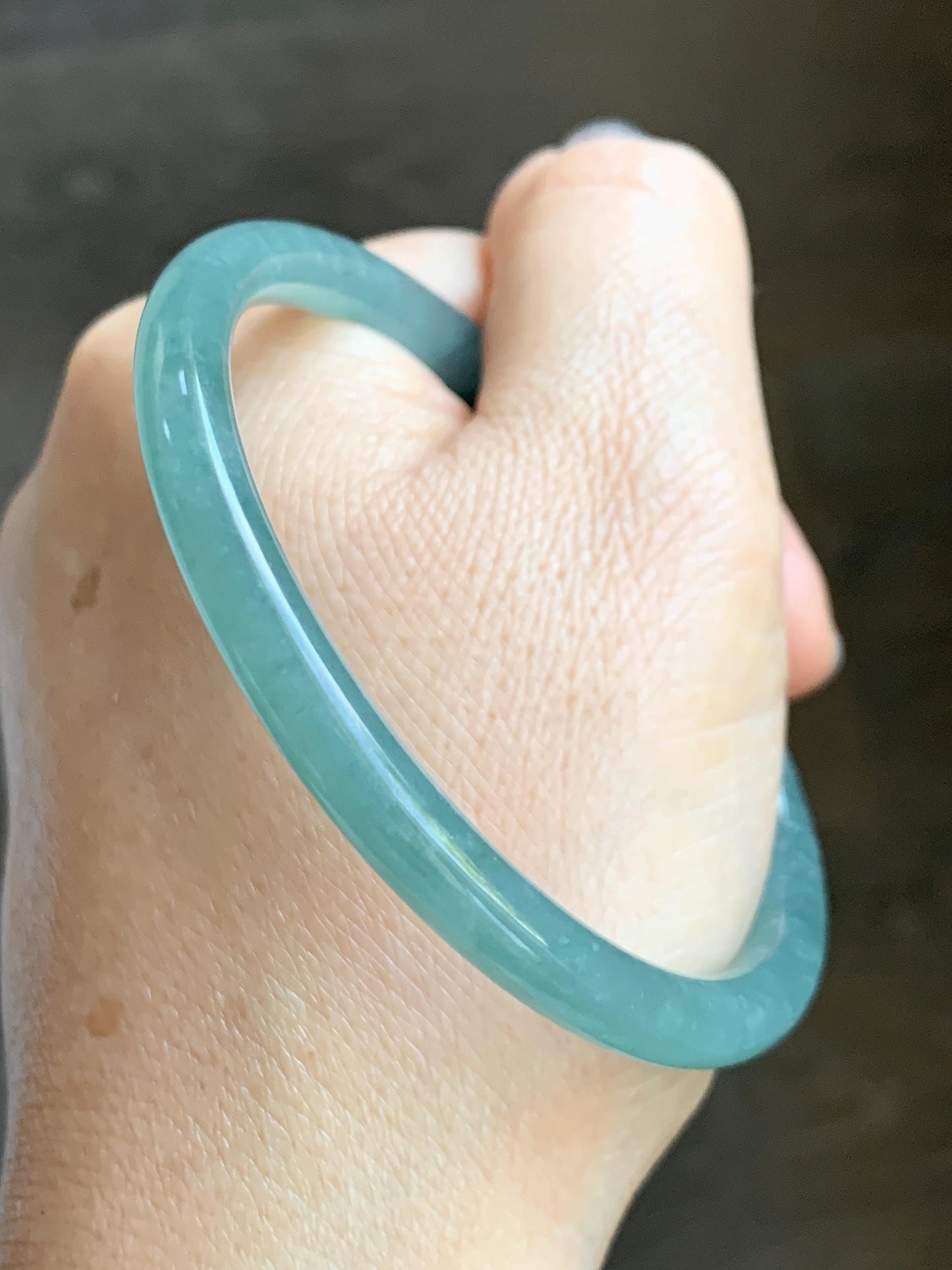 Certified Natural Grade A Guatemalan Icy Highly Translucent Light Teal Jade Jadeite Slim Bangle Bracelet 58.3mm 7.2” 天然冰危晴蓝翡翠细圆条手镯 456