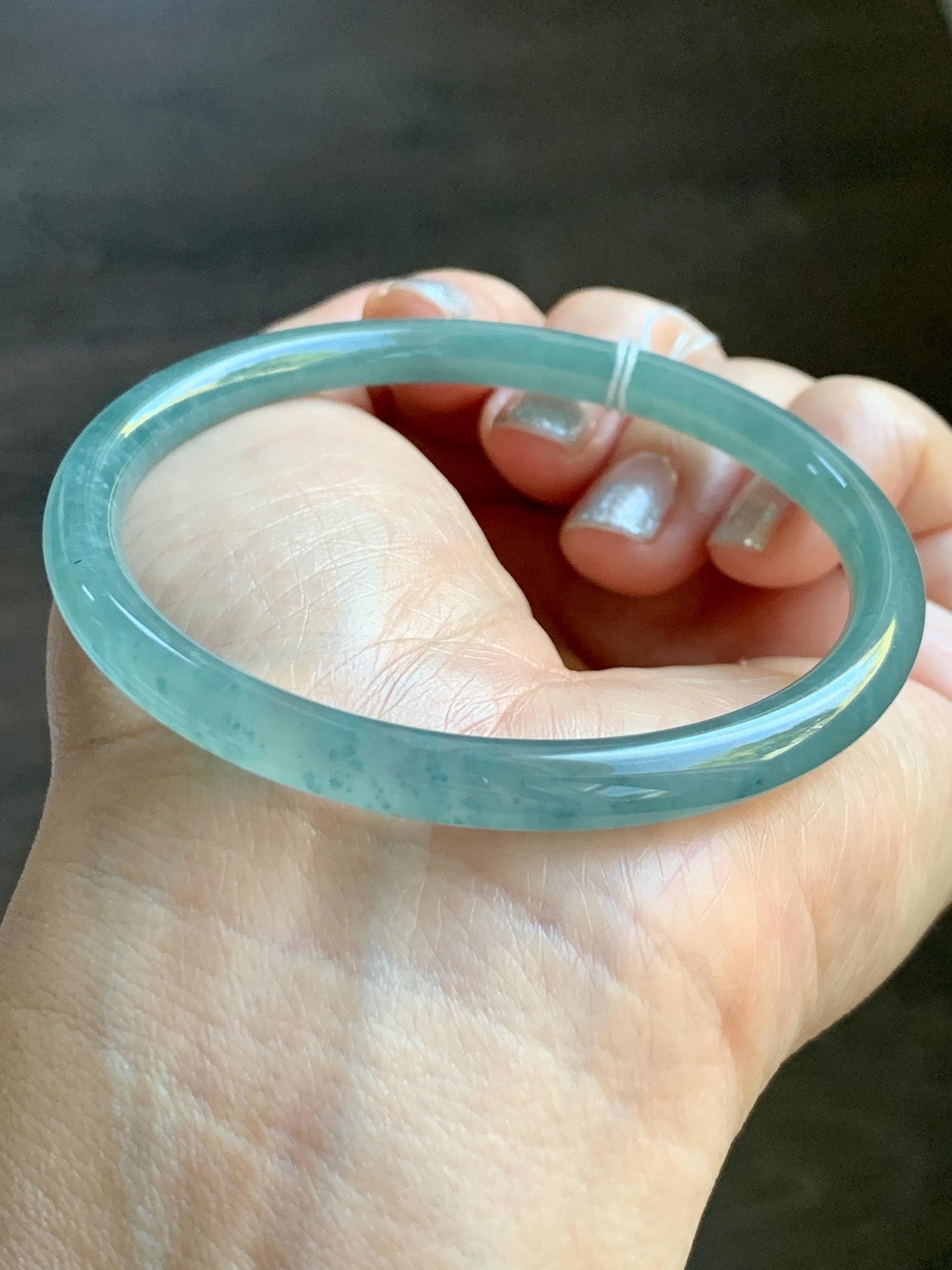 Certified Natural Grade A Guatemalan Icy Highly Translucent Light Teal Jade Jadeite Slim Bangle Bracelet 58.3mm 7.2” 天然冰危晴蓝翡翠细圆条手镯 456