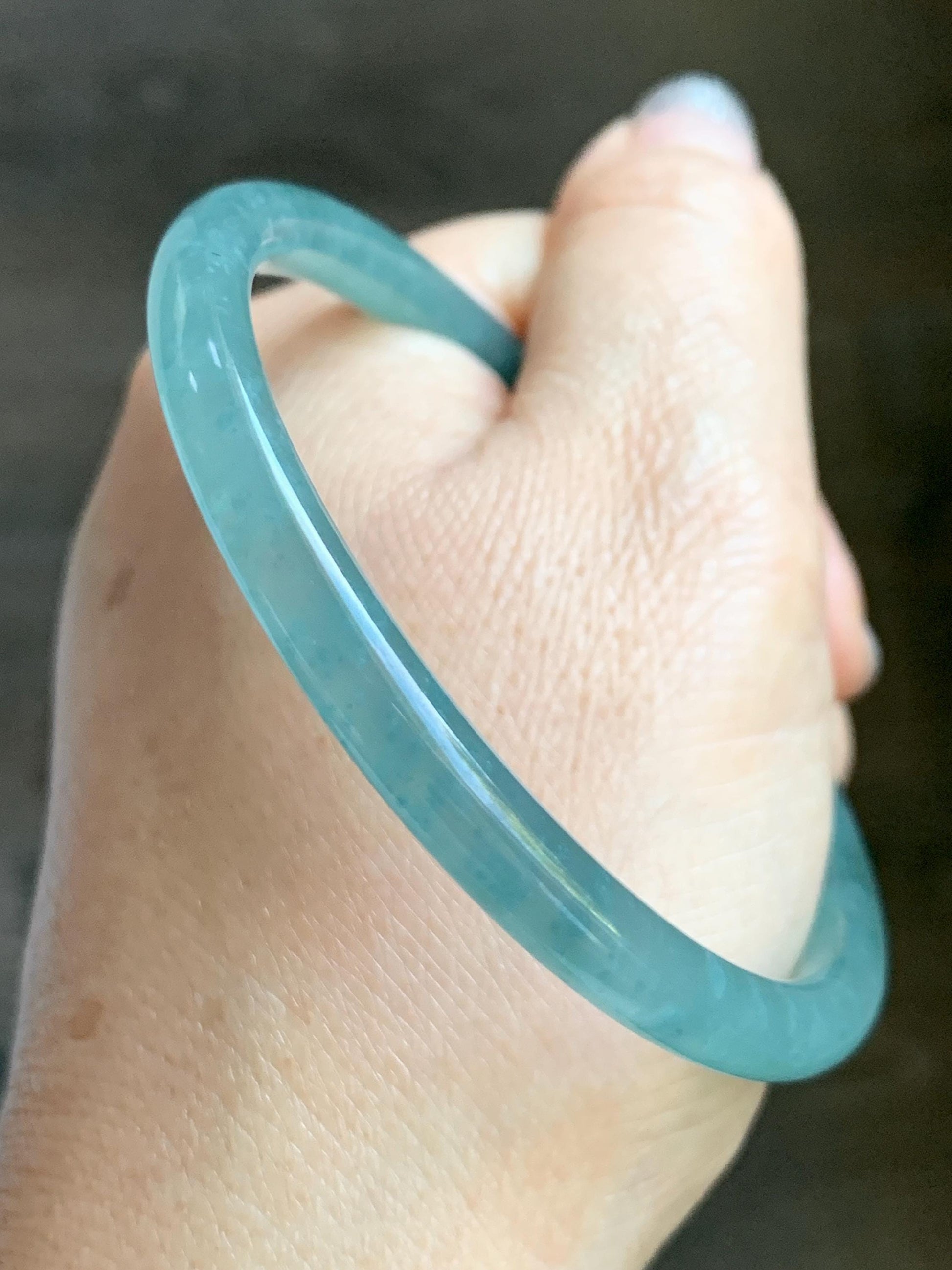 Certified Natural Grade A Guatemalan Icy Highly Translucent Light Teal Jade Jadeite Slim Bangle Bracelet 58.3mm 7.2” 天然冰危晴蓝翡翠细圆条手镯 456