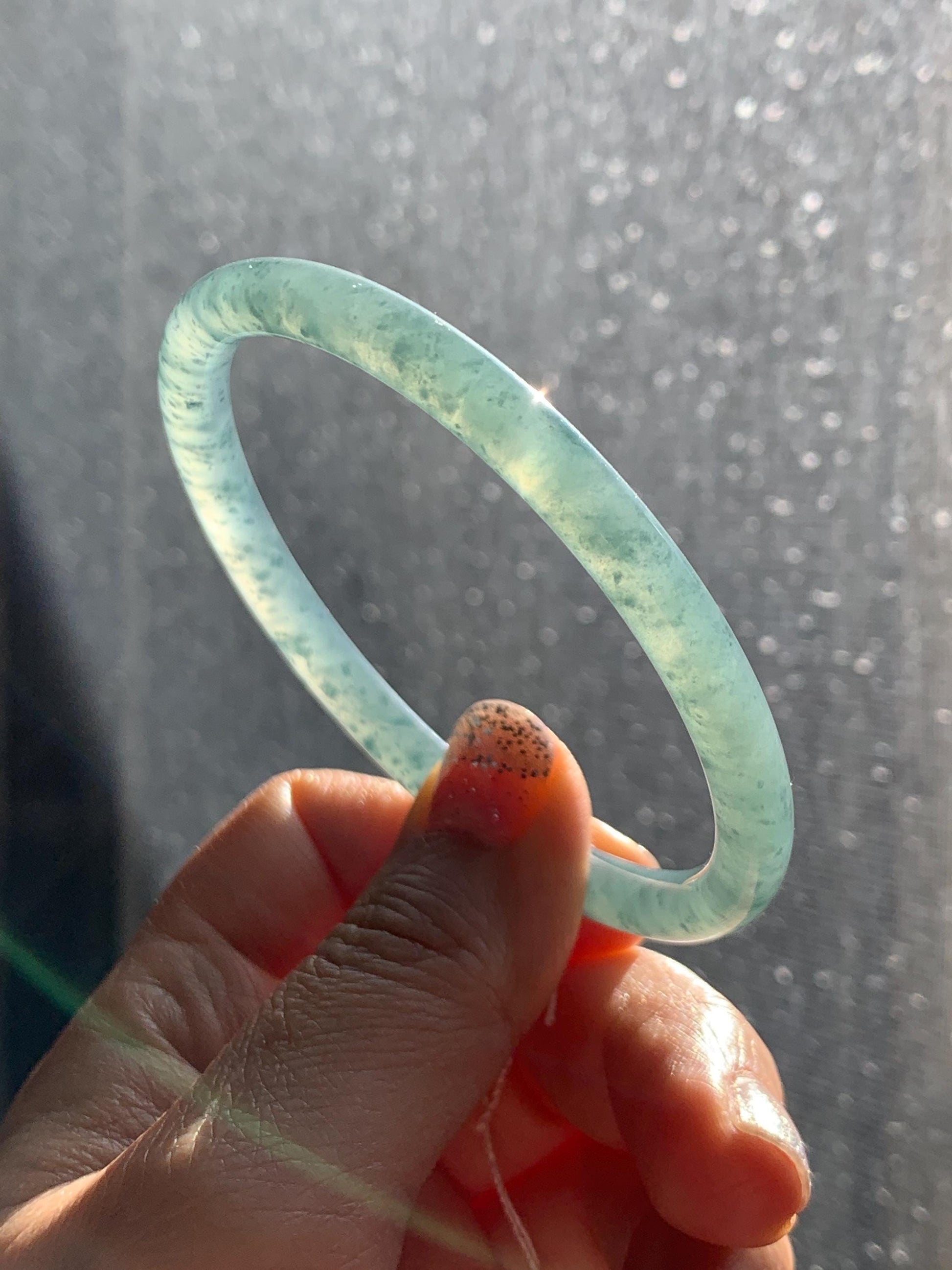 Certified Natural Grade A Guatemalan Icy Highly Translucent Light Teal Jade Jadeite Slim Bangle Bracelet 58.3mm 7.2” 天然冰危晴蓝翡翠细圆条手镯 456