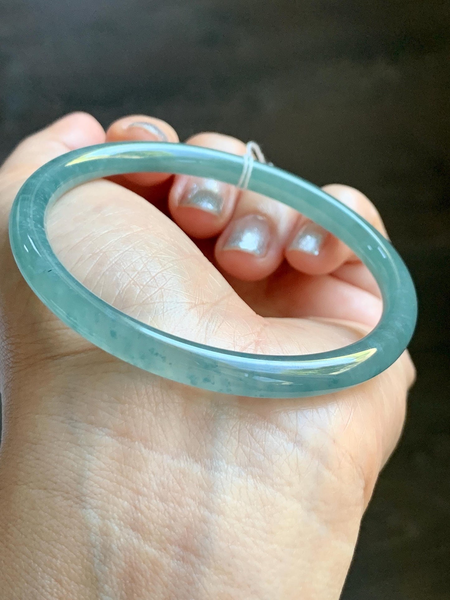 Certified Natural Grade A Guatemalan Icy Highly Translucent Light Teal Jade Jadeite Slim Bangle Bracelet 58.3mm 7.2” 天然冰危晴蓝翡翠细圆条手镯 456