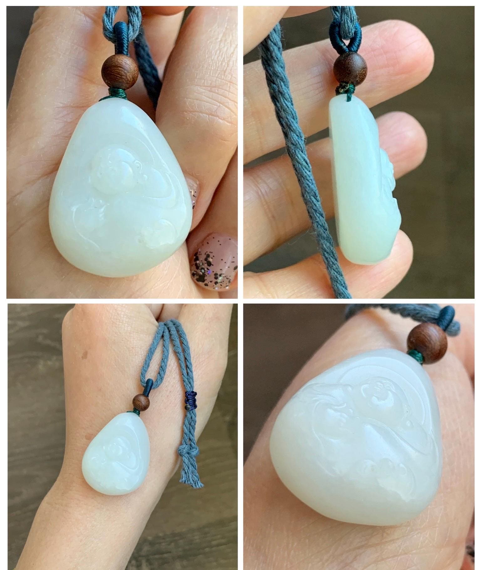 Natural Nephrite Jade Translucent Milky White Buddha Pendant Rope Necklace Adjustable 25” 15g 天然白玉佛公项链 HTB138